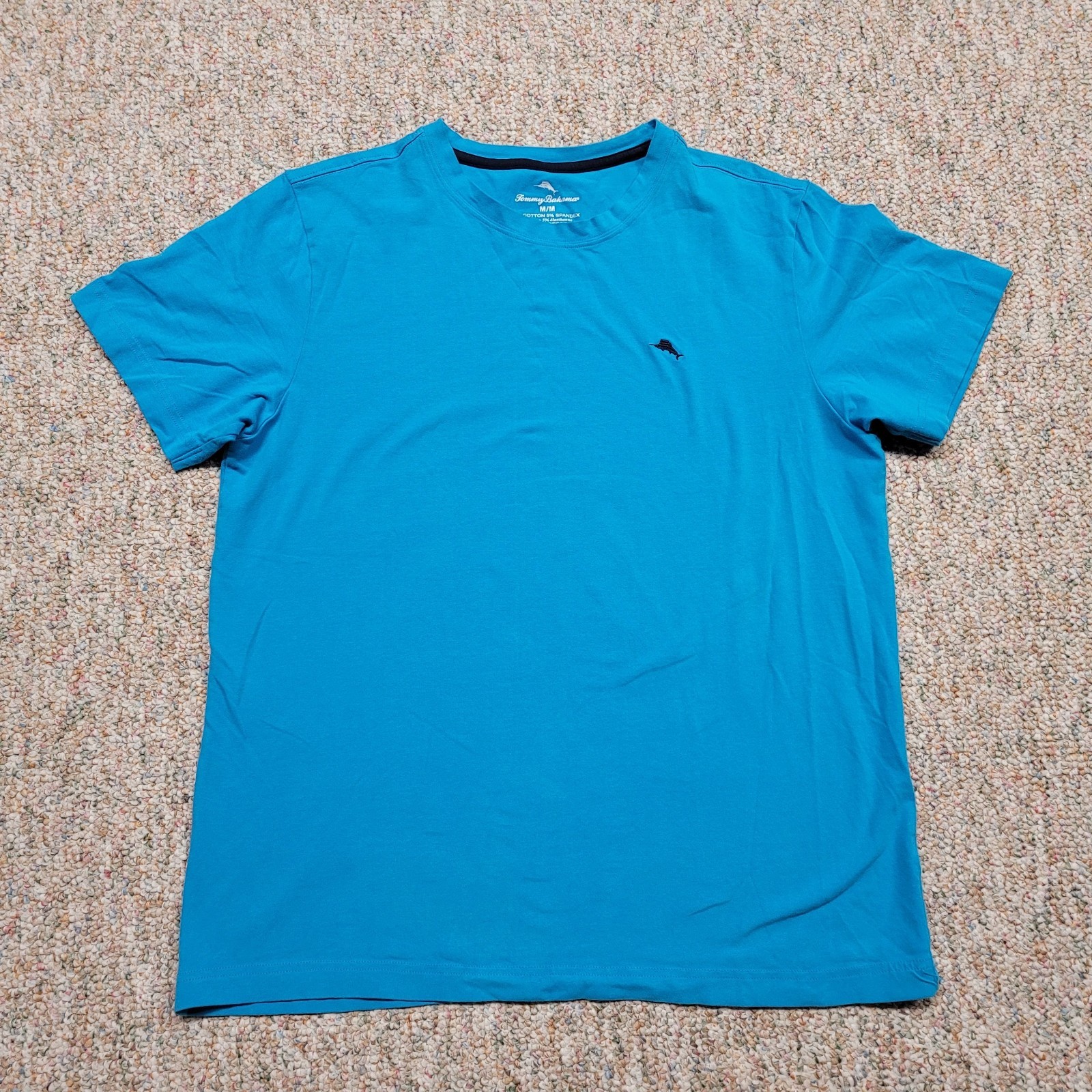 Tommy Bahama Shirt Mens Medium Blue Marlin Logo Cotton Spandex Short Sleeve