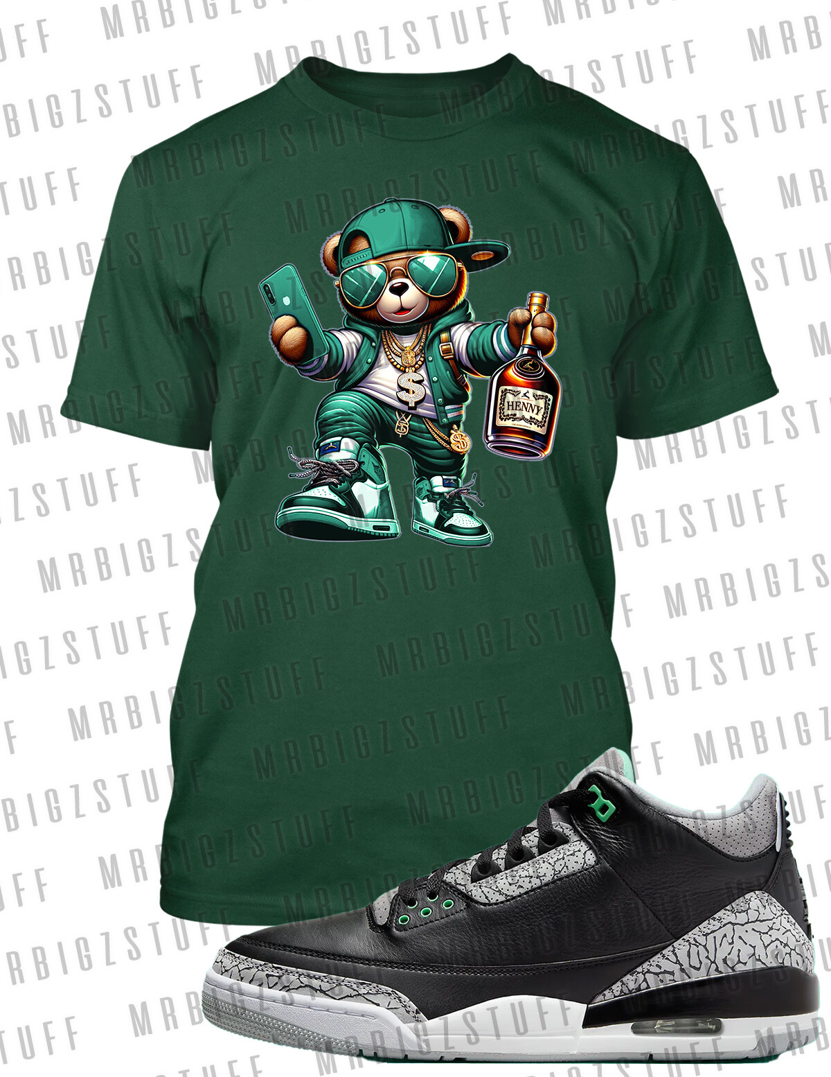 Mens Henny Bear Streetwear Pro Club Shaka Tee to Match J3 Green Glow Sneaker gallery
