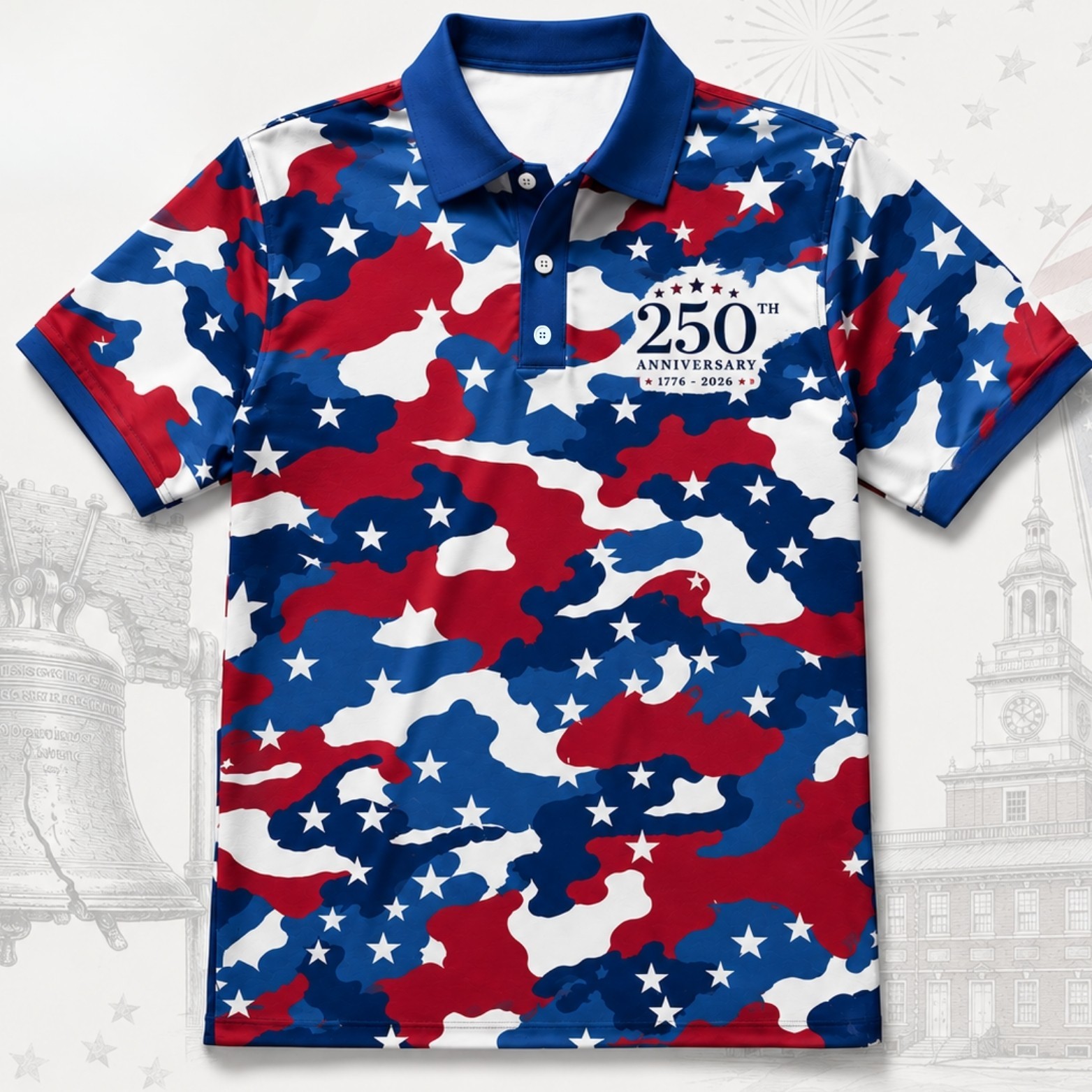 Red White Blue Camo Golf Polo, USA 250th Anniversary 1776-2026 Patriotic (S-5XL)