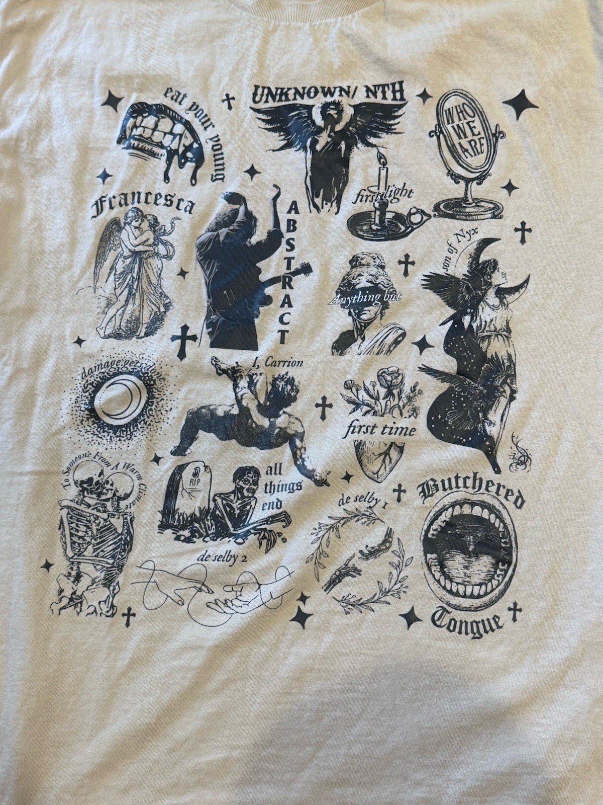 Unknown/NTH Abstract Graphic T-Shirt Beige Size Large Goth Grunge Streetwear gallery