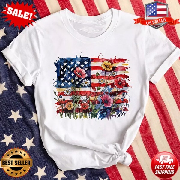 American Flag Floral Wildflower T-Shirt, Patriotic Boho USA T-Shirt, S-5XL gallery