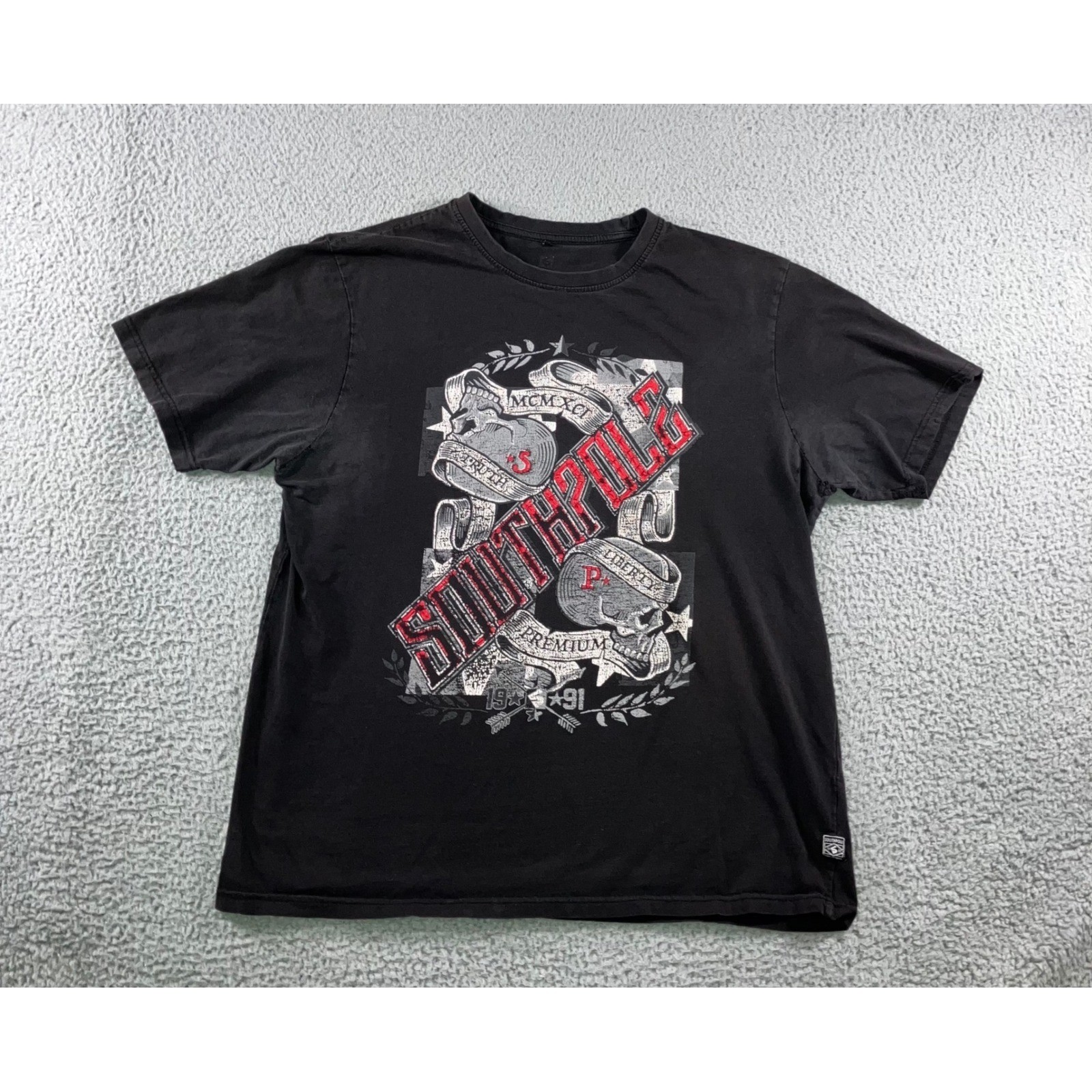 VTG Southpole Graphic T-Shirt Men XL Skull MCMXCI Thrashed Streetwear Grunge Y2K gallery