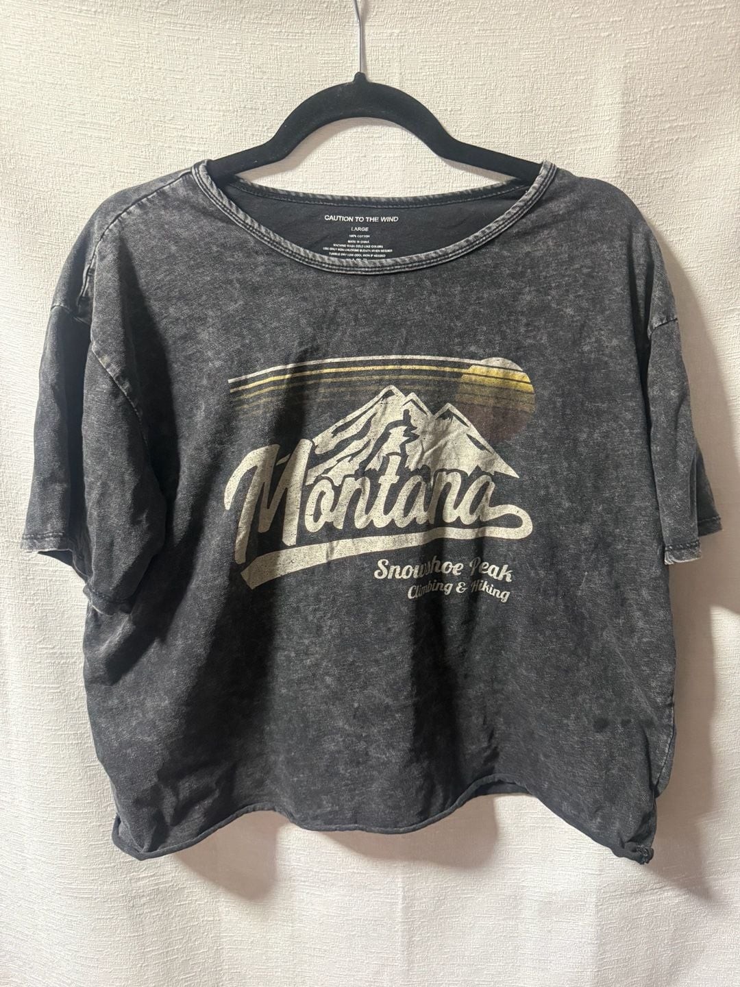 Caution to the Wind Montana Snowshoe Peak Acid Wash Graphic Crop Tee