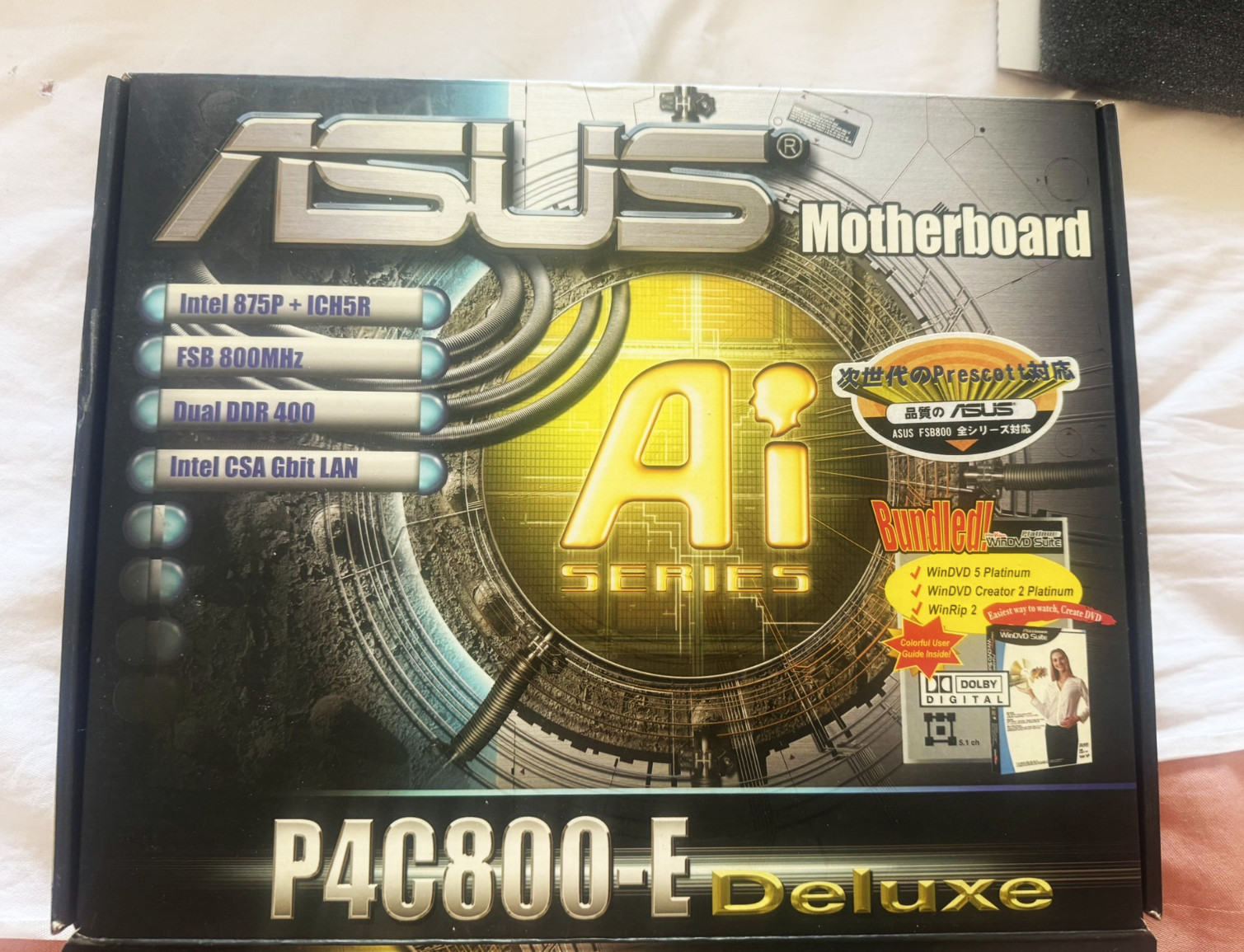 Brand-new ASUS P4C800-E Deluxe motherboard. Comes with all accessories.