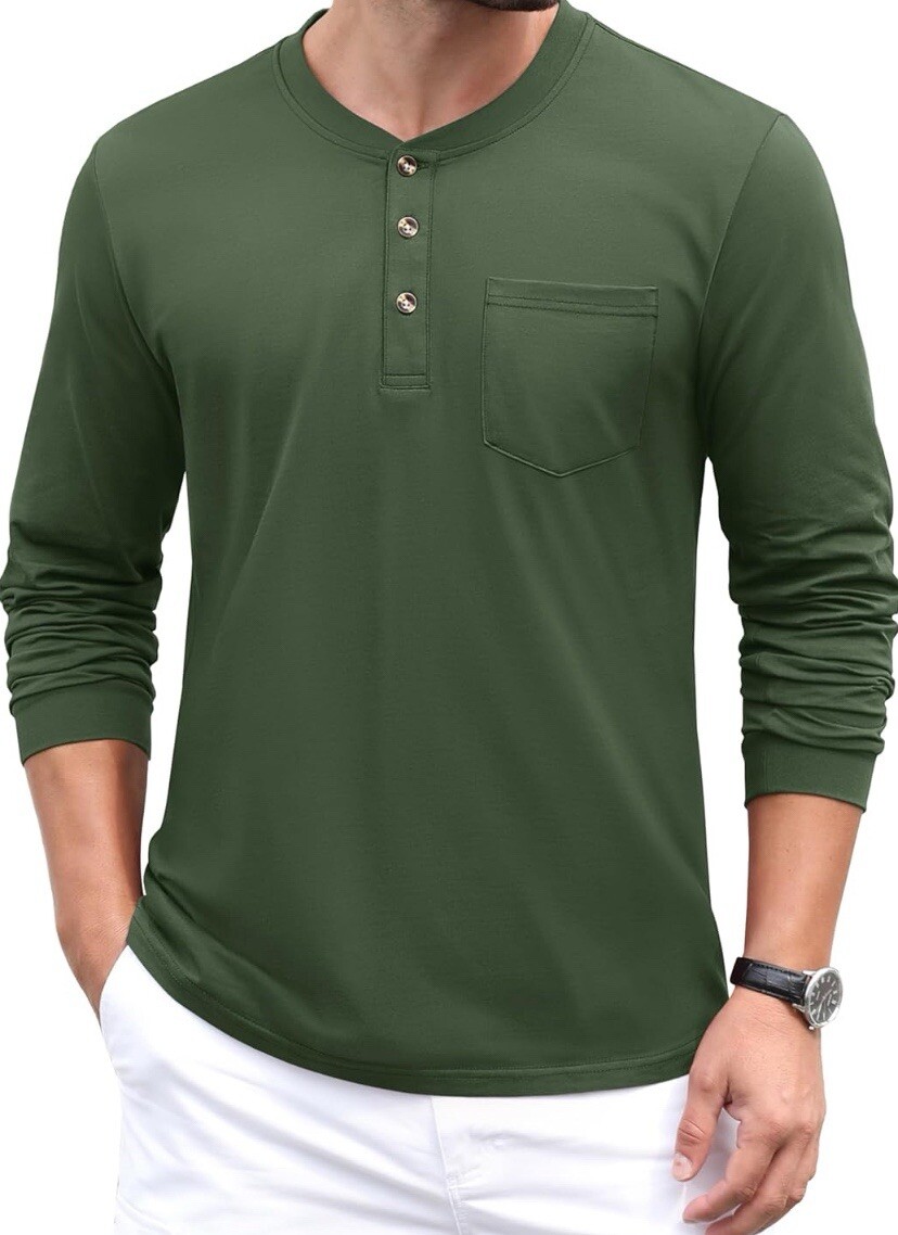 MAGCOMSEN Mens Henley Long Sleeve Casual Shirts Cotton Pocket Army Green Size M gallery