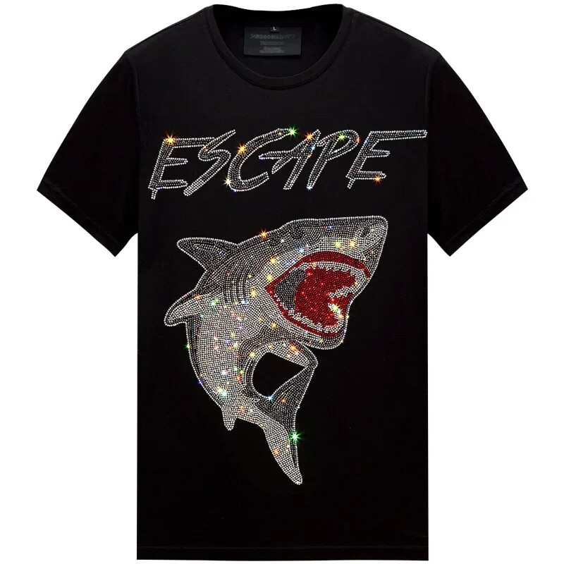 New Men Fashion Diamond Shark Rhinestones Luxury Black White T-Shirt gallery