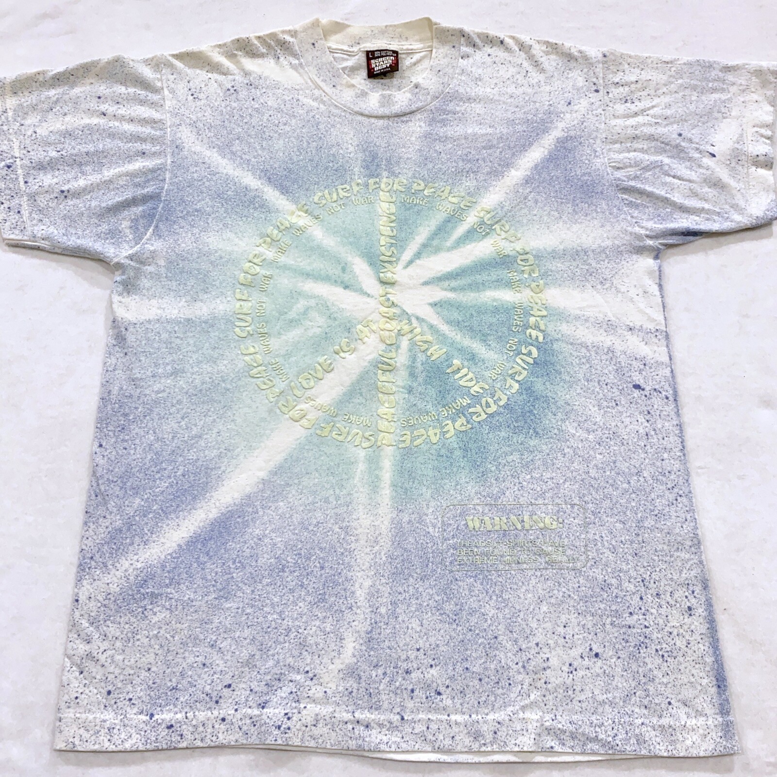 vtg 90s SURF FOR PEACE MAKE WAVES, NOT WAR T-Shirt M beach threads symbol sign gallery