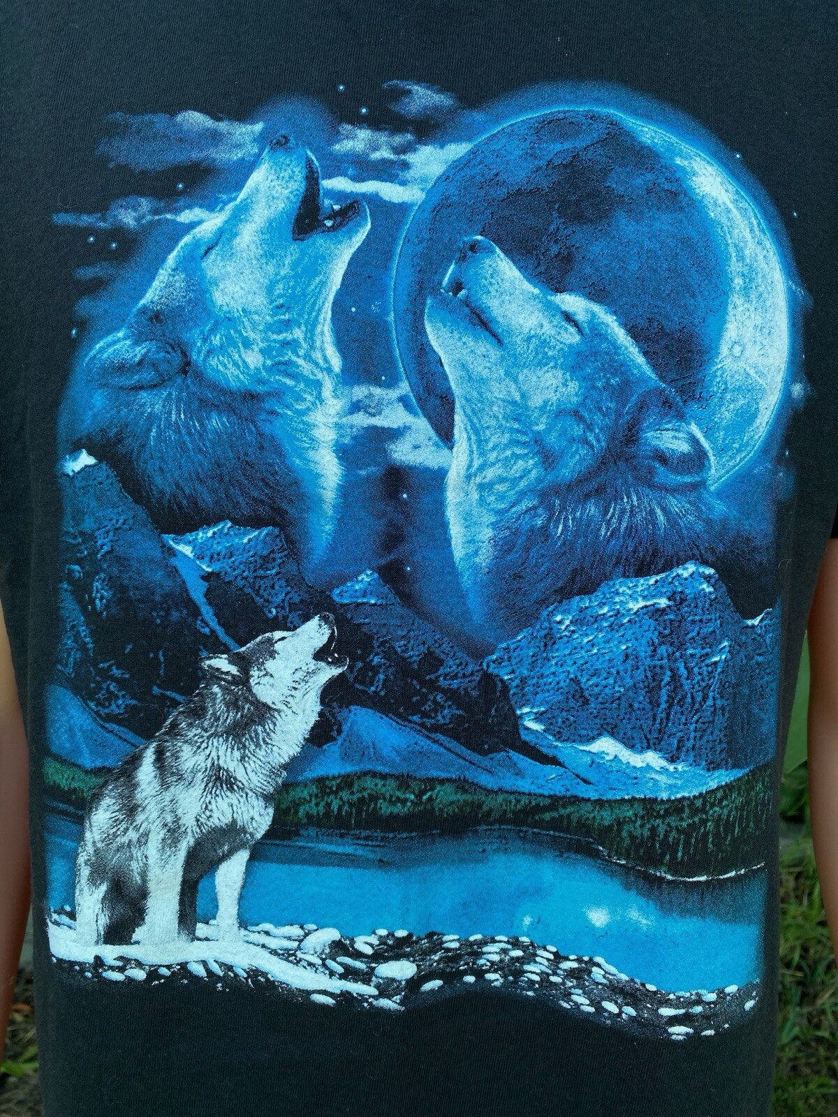 Y2K Howling Wolf Night Sky Lake Mountains Moon Nature Graphic T Shirt Large gallery