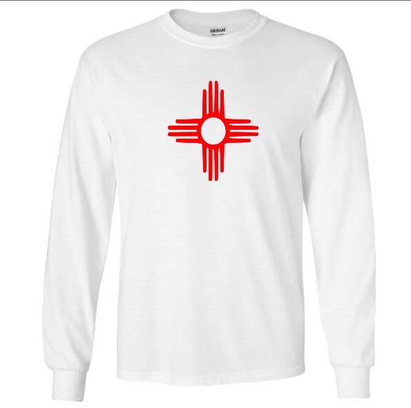 Red New Mexico State Flag Symbol on White Shirt Long Sleeve Santa Fe T-Shirt