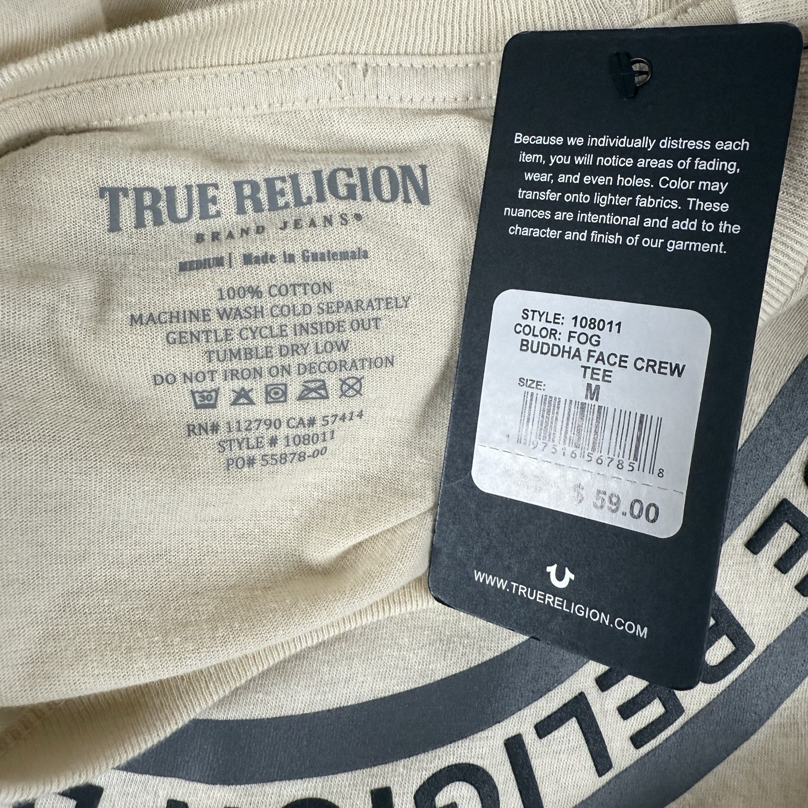 True Religion Buddha Face SS Crew Neck T-Shirt Mens Medium Fog-Beige NWT $59 gallery