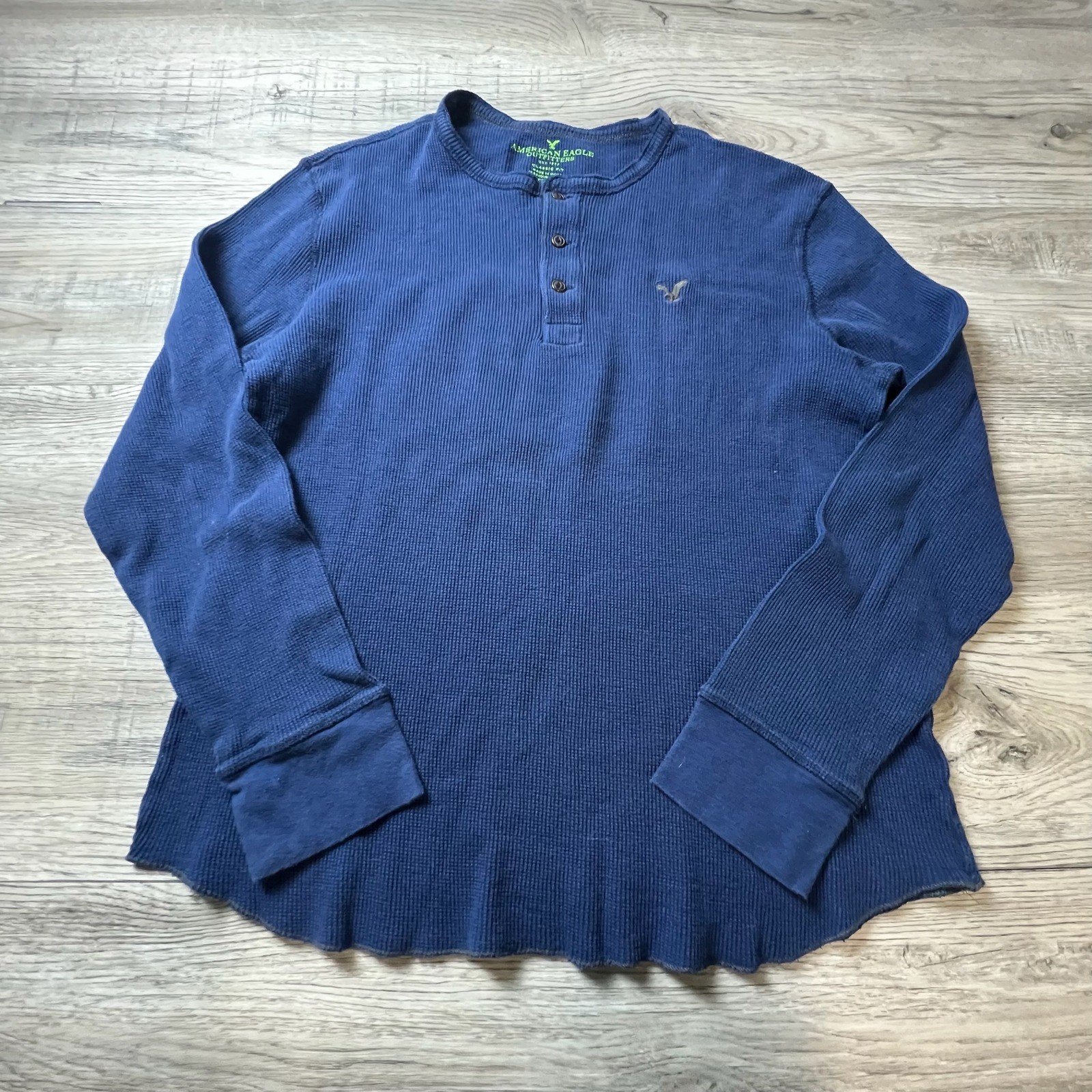 American Eagle Henley Mens Large Blue Waffle Knit Long Sleeve Thermal Shirt