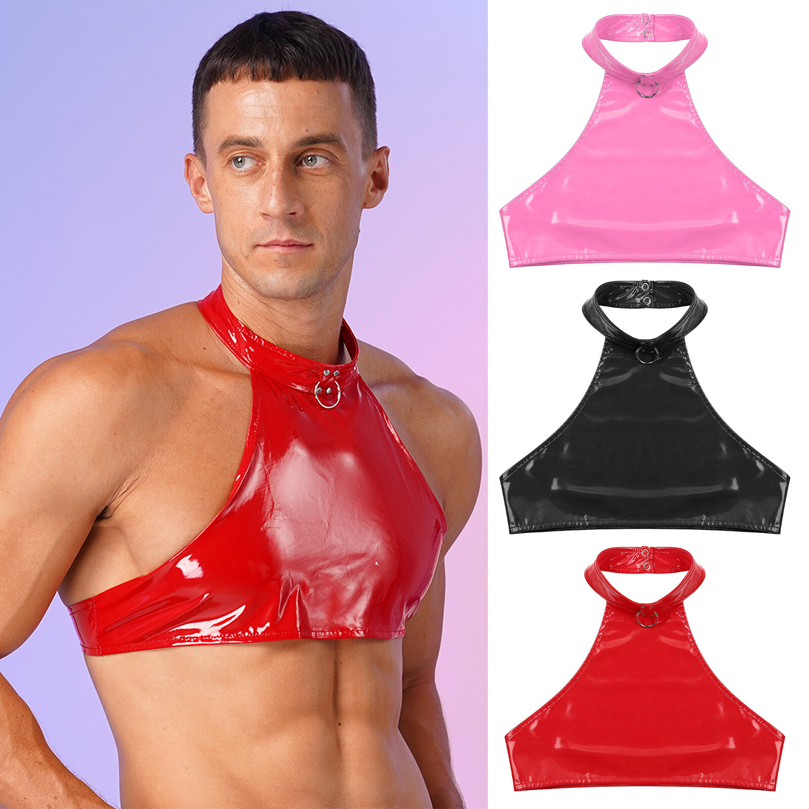 Mens Crop Top Wetlook PVC Leather Halter Neck Vest Shirts for Clubwear Party gallery