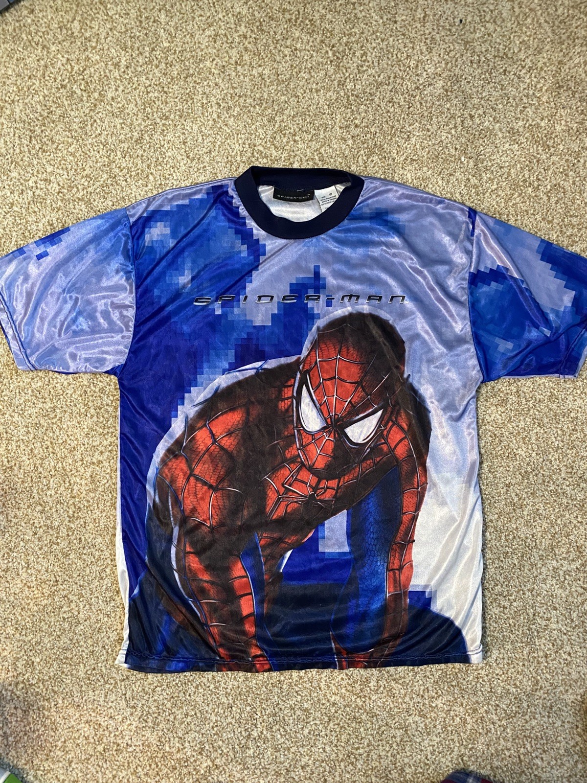 Vtg 2002 Marvel Columbia Spider-Man Movie Promo Blue Polyester Satin T-Shirt gallery