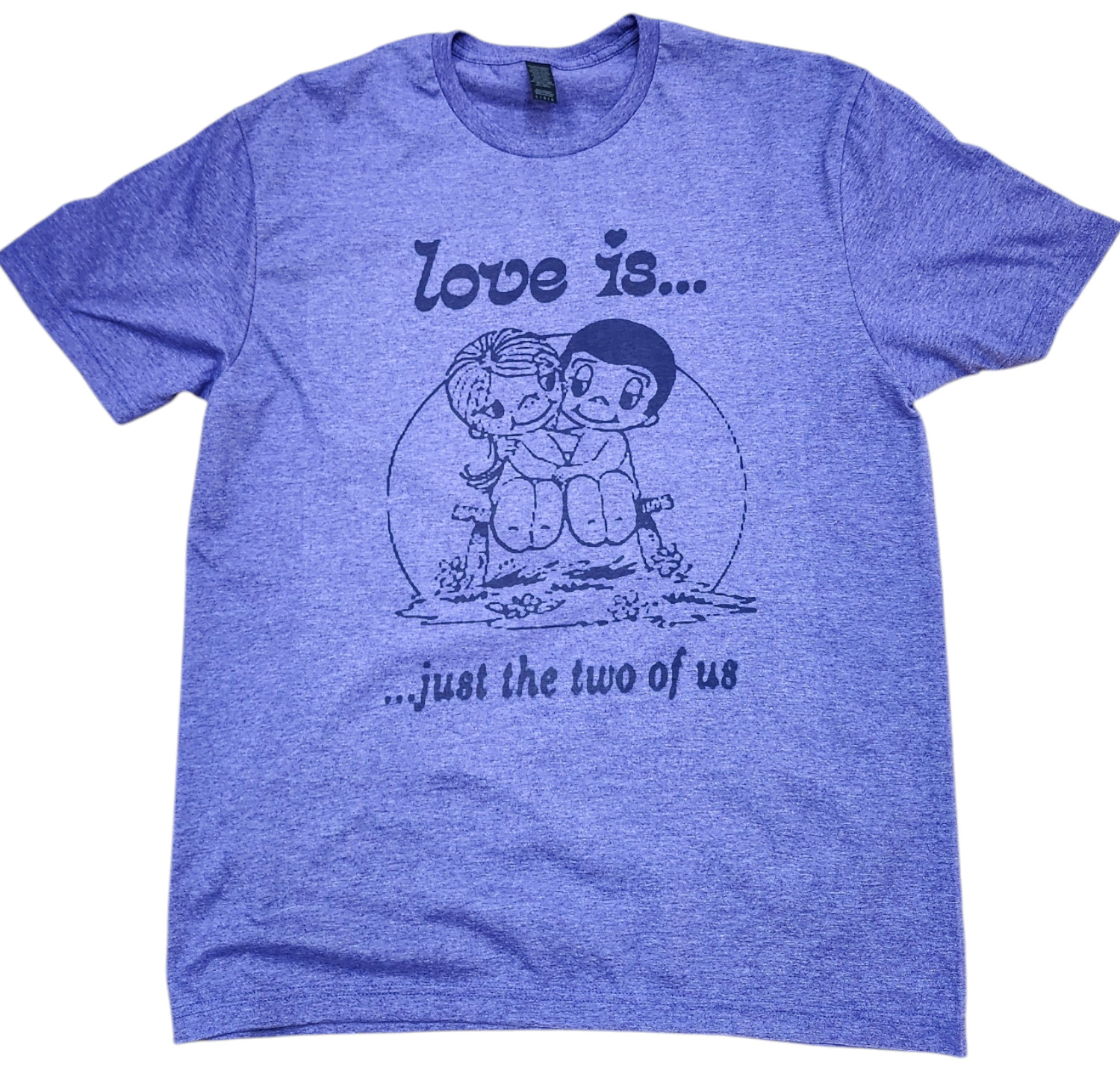 1972 Kim Casali LOVE IS Men color royal blue T-shirt. . . Night Light Comic L.A. gallery