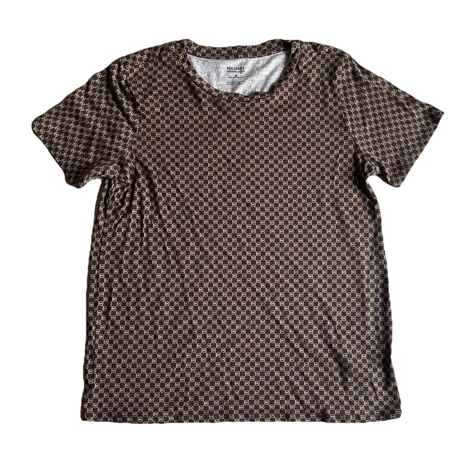 Michael Kors Brown Logo Shirt Medium All Over Check 2-Tone Squares Lightweight gallery