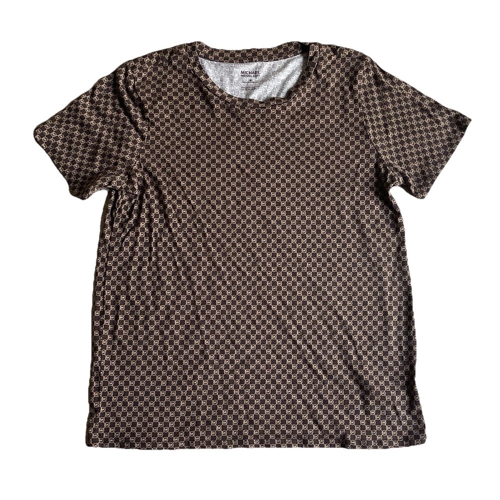 Michael Kors Brown Logo Shirt Medium All Over Check 2-Tone Squares Lightweight