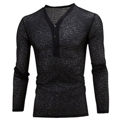 Mens Solid Long Sleeve T shirt with Deep V Neck and Button Front Blouse