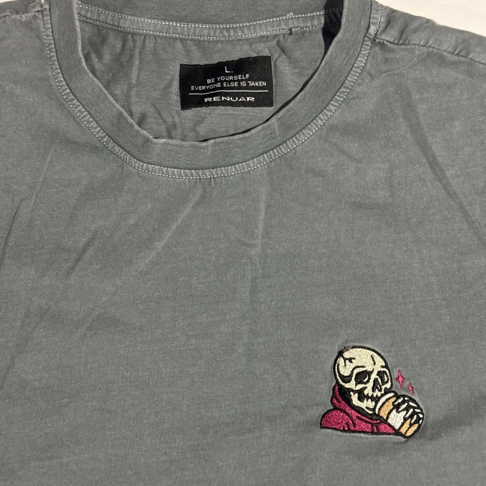 Renuar Charcoal Gray Embroidered Skull Drinking Coffee Tshirt Size Large gallery