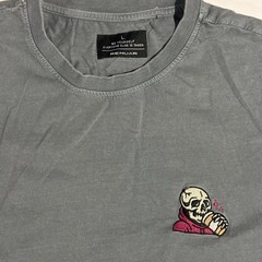 Renuar Charcoal Gray Embroidered Skull Drinking Coffee Tshirt Size Large
