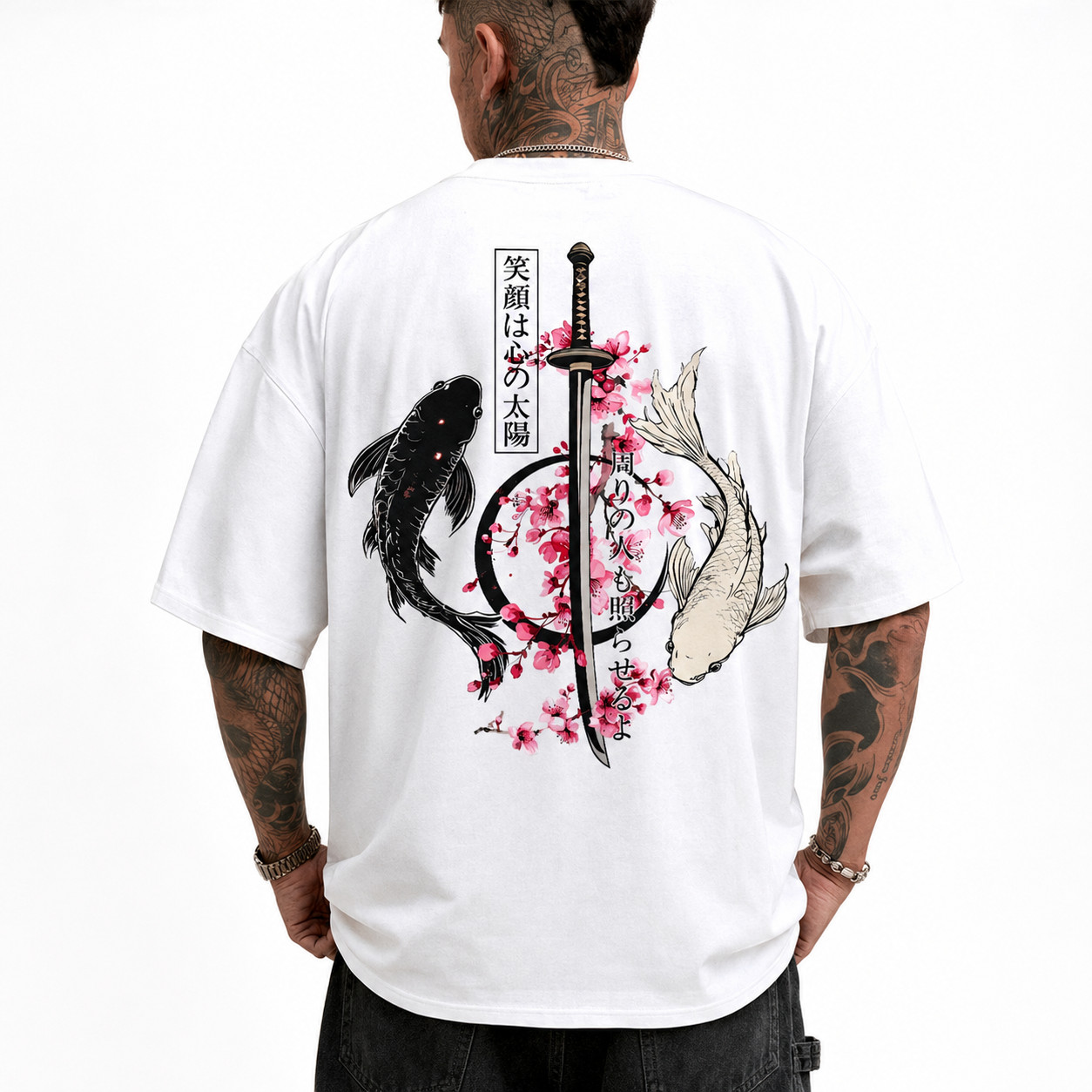 Japanese Koi Fish Samurai Sword T-Shirt Sakura Cherry Blossom Graphic Tee gallery