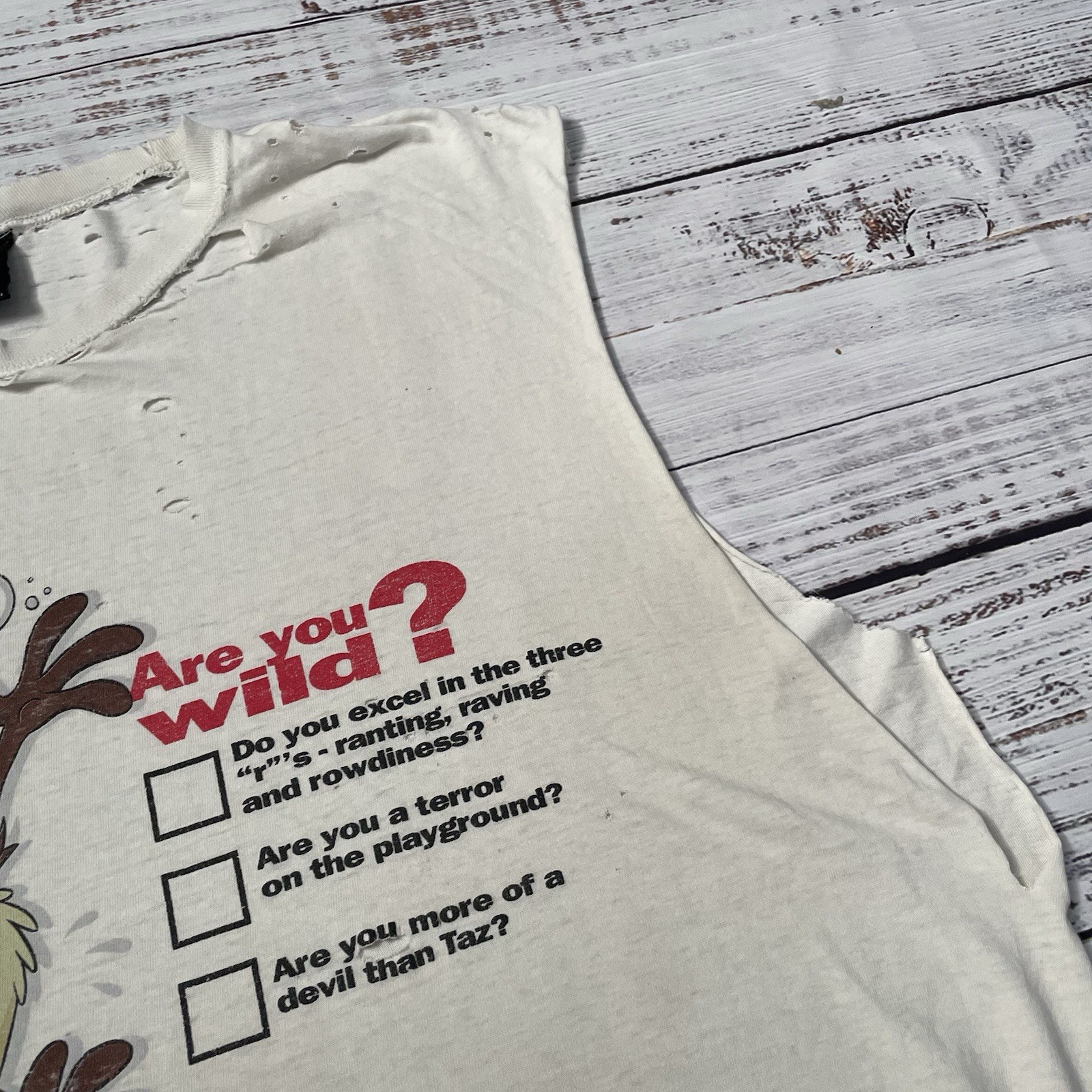 Vintage 90s Taz Looney Tunes Distressed Worn Faded Cut Off White Shirt Adult 2XL gallery
