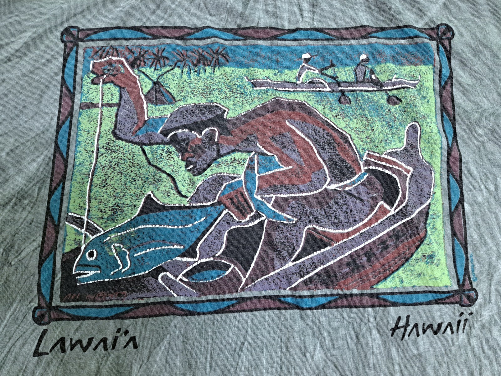Vintage Crazy Shirts Dyed Lawaia Hawaii Fishing Canoe Island Tiki Tropical Beach