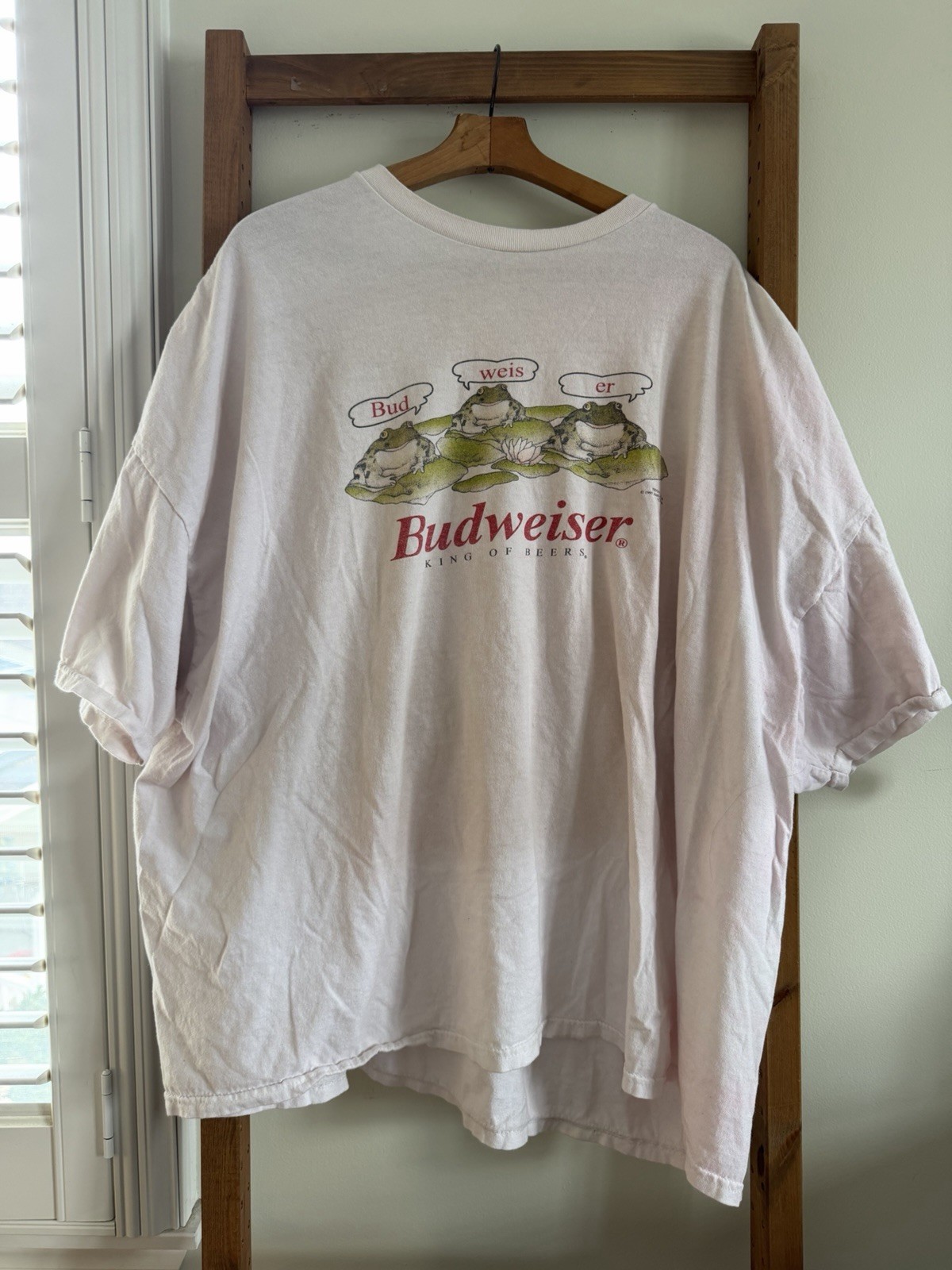 Vintage 1995 Budweiser Beer Frog Tee Size 3XL Made In USA "Bud Weis Er" Pink gallery