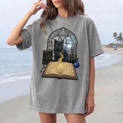 Witchy Black Cat Spell Book Tee, Gothic Moon Cat Magic Shirt