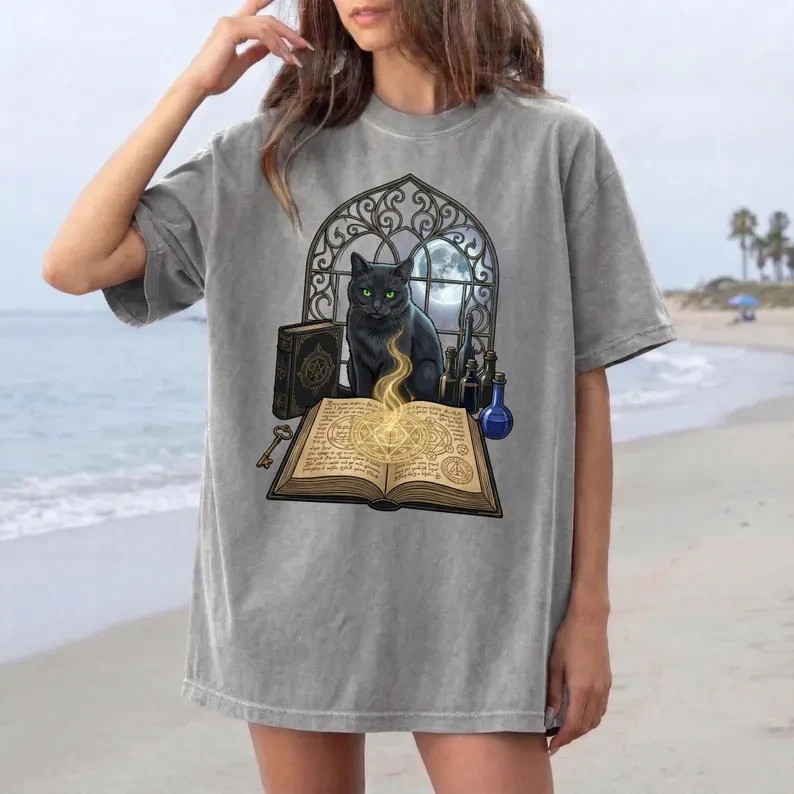 Witchy Black Cat Spell Book Tee, Gothic Moon Cat Magic Shirt gallery