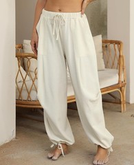 Womens High-Waisted Linen Pants – Beige Wide Leg Palazzo Summer Pants, Lightw…