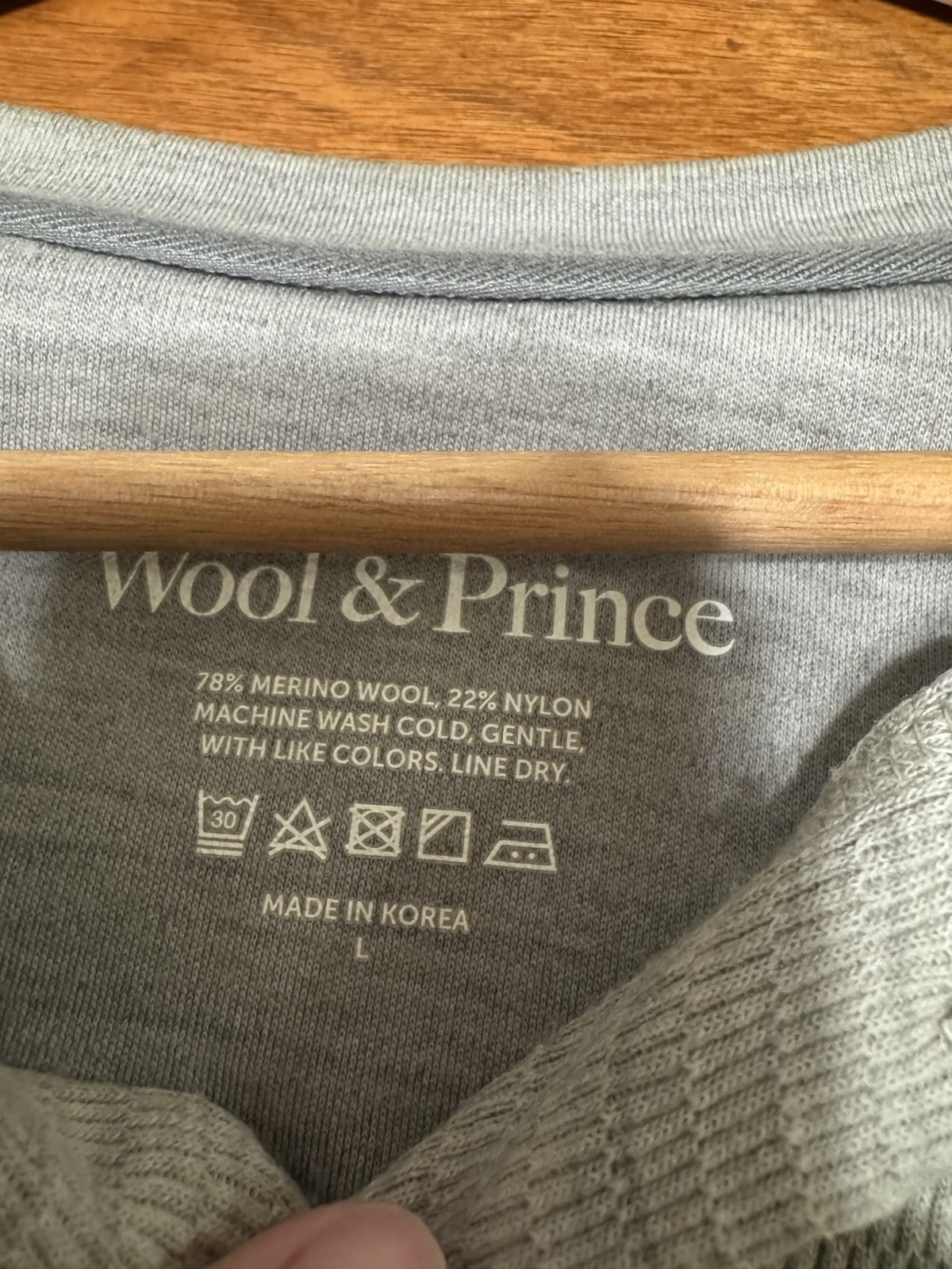 Wool & Prince Large Oatmeal Heather Waffle Henley MSRP $140 gallery