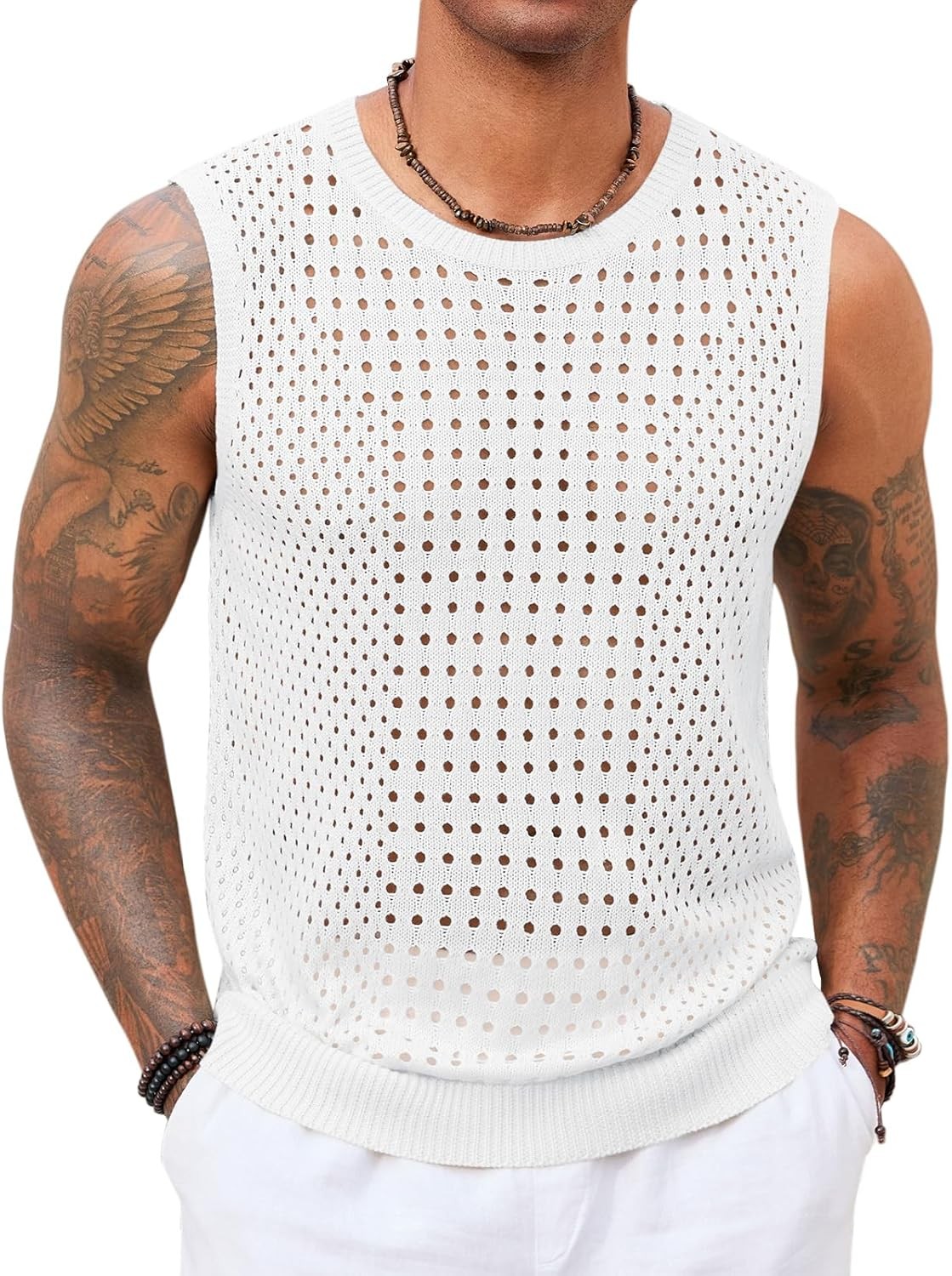 Mens Knit Tank Tops Hollow Out Crochet Sleeveless Summer Beach See Through Shirt