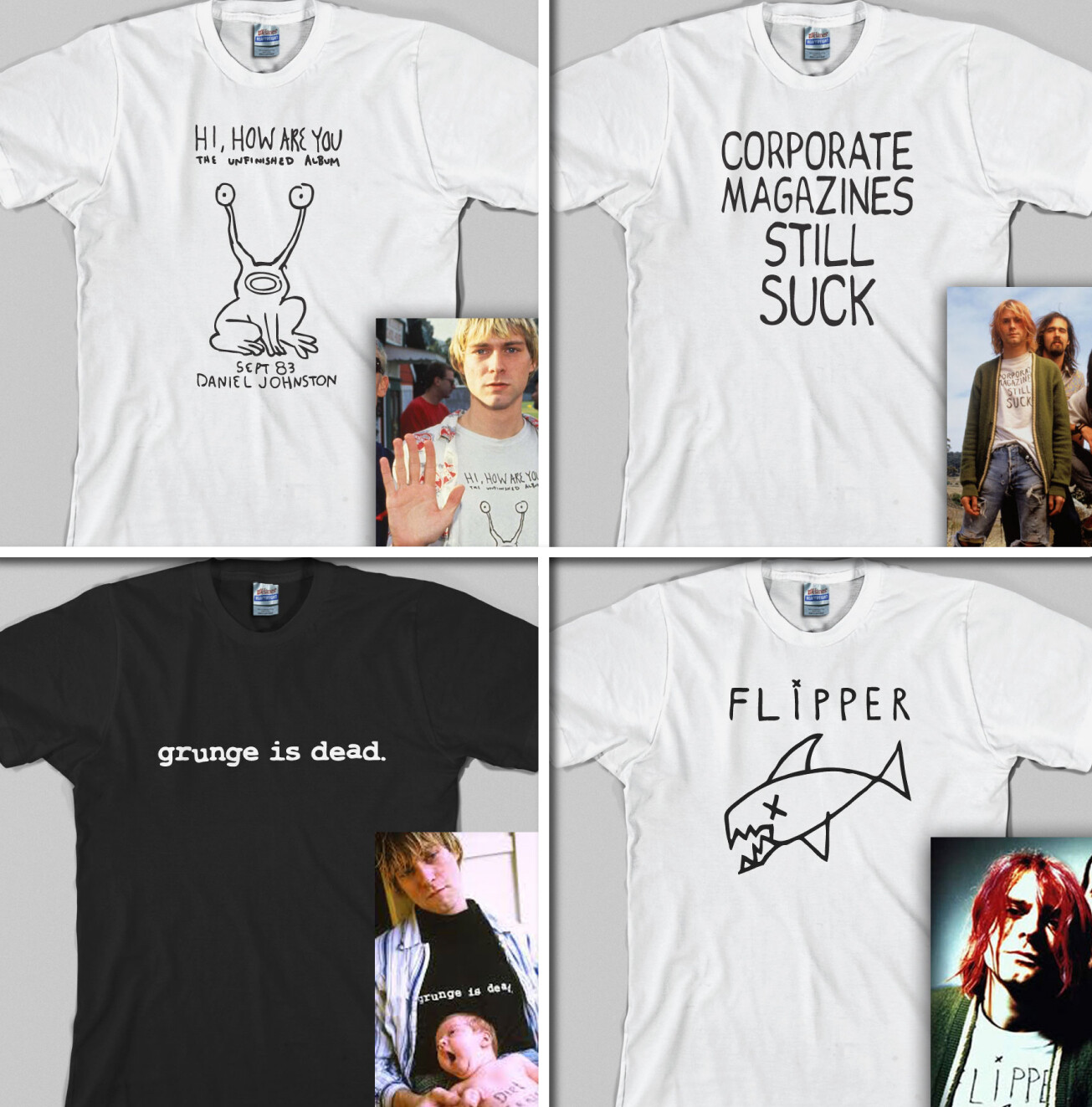 T-Shirt worn by Kurt Cobain Hi How Are You Flipper Grunge is dead still suck 90s gallery