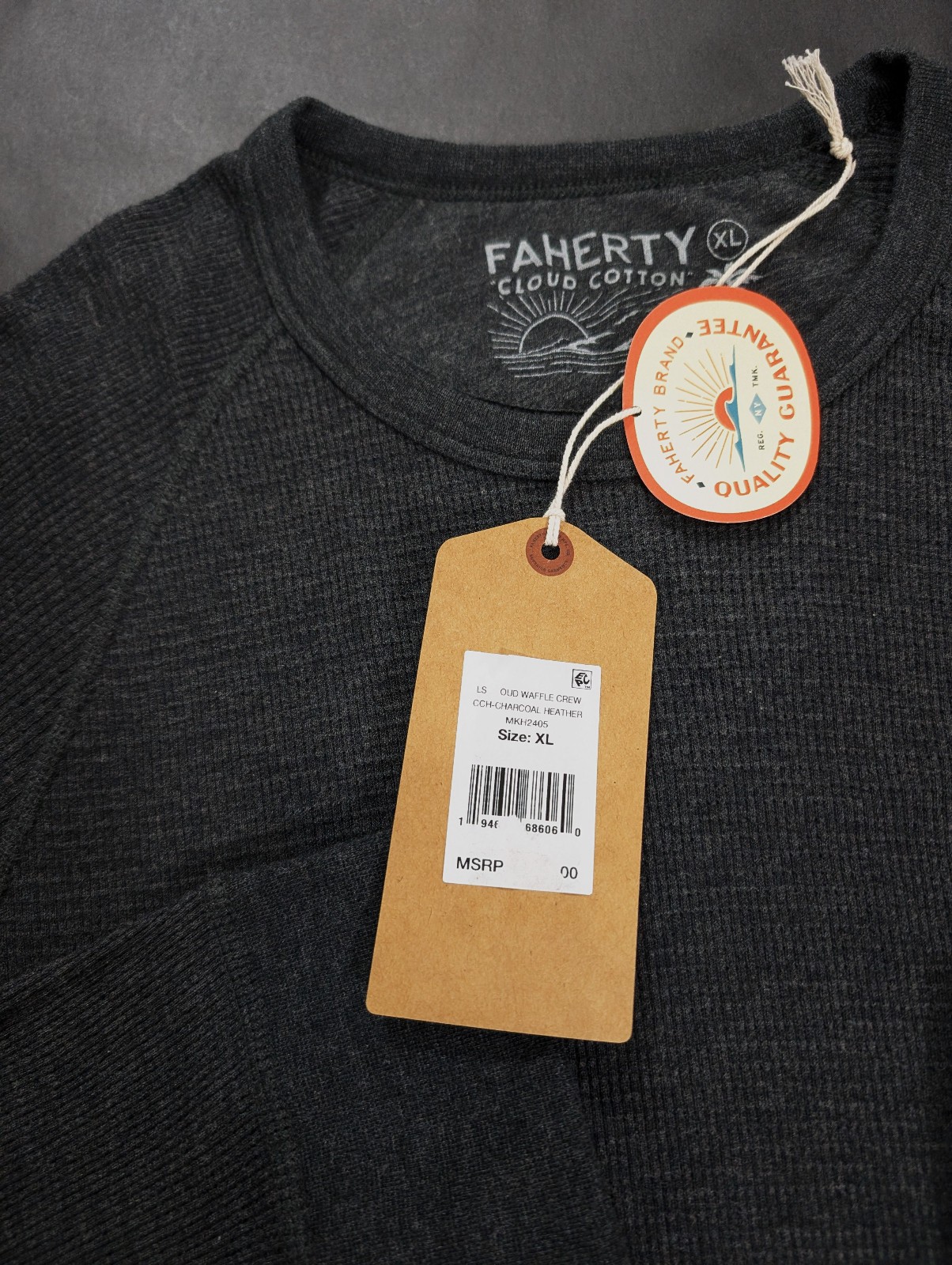 Faherty Men’s Long Sleeve Cloud Waffle Crew Top Size XL 2XL Charcoal Heather