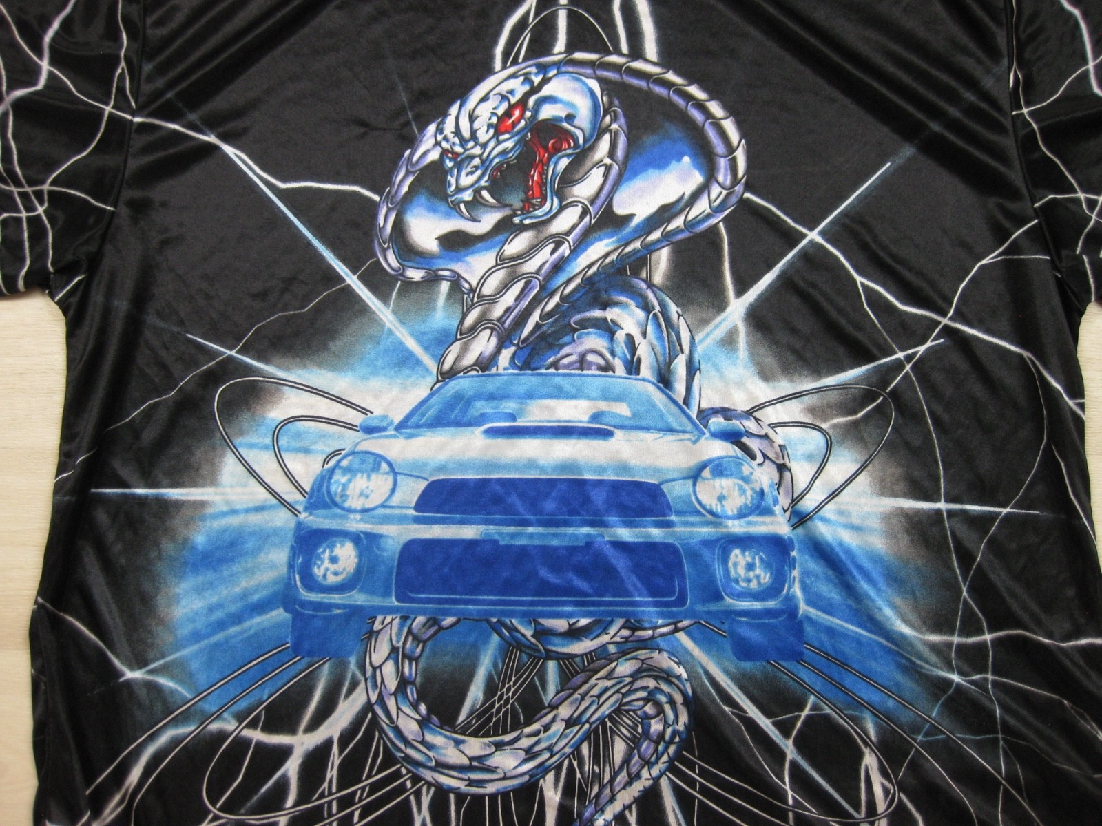 Vintage Y2K No Boundaries AOP Sheer Satin T Shirt Men's (L) Car Cobra Lightening gallery