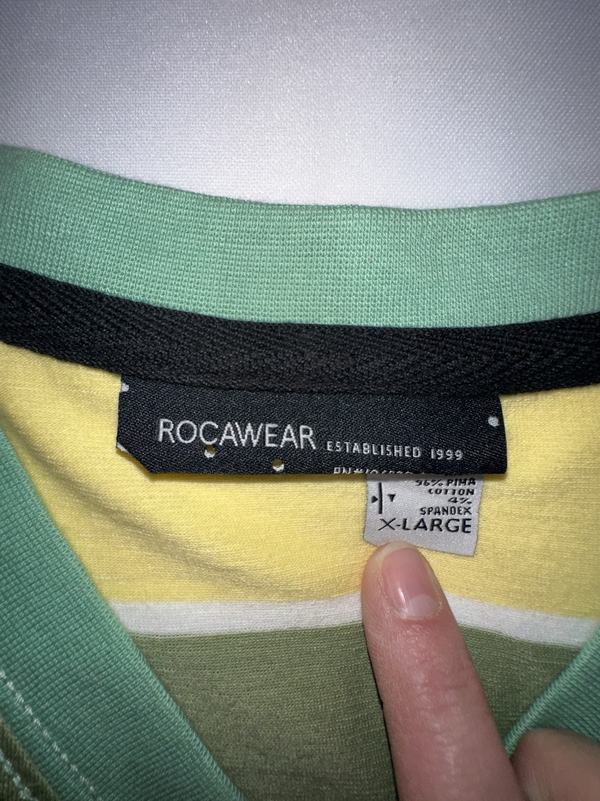 Rocawear Y2K Green/Yellow/White Striped Logo V-Neck Short Sleeve Knit T-Shirt XL gallery