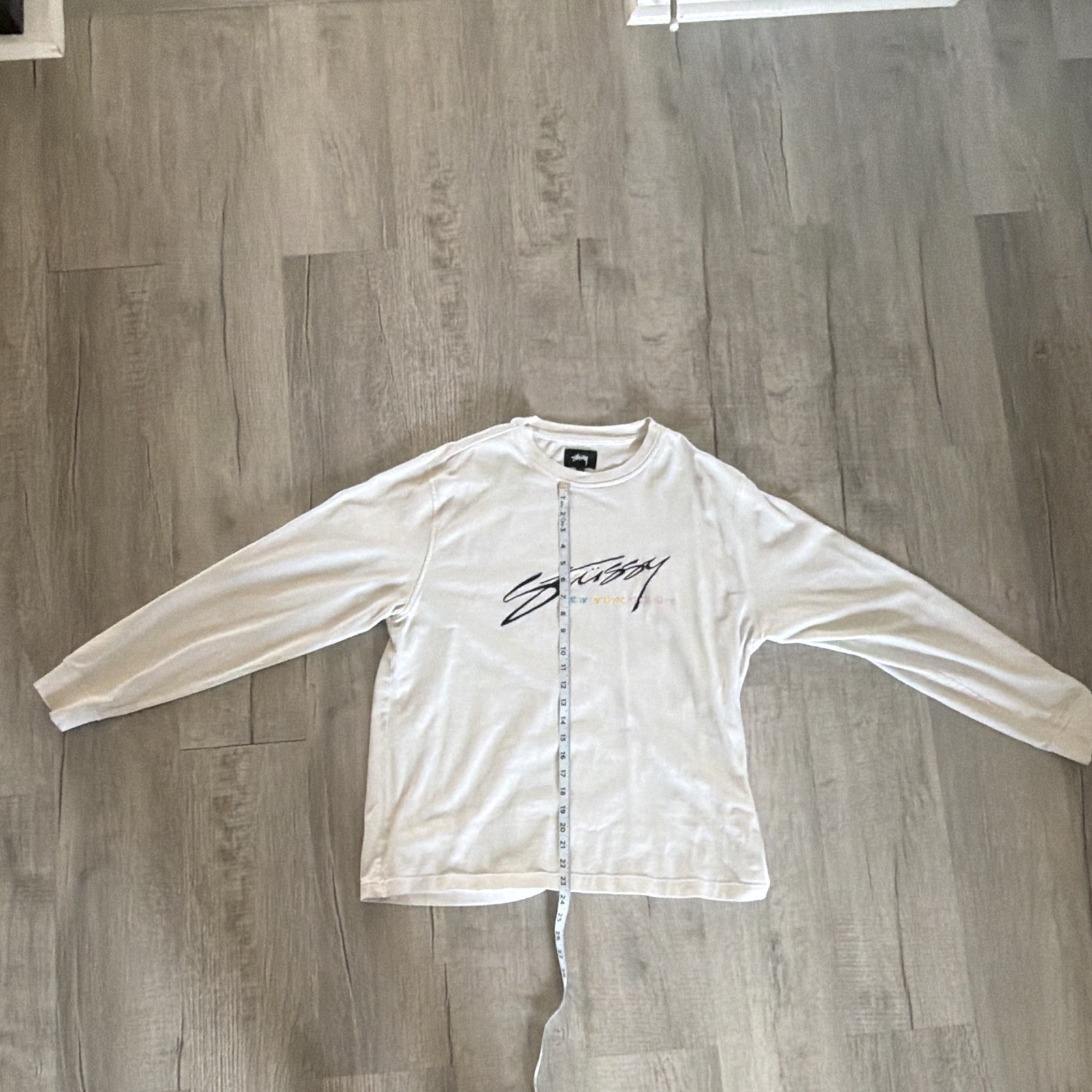 Stussy Men's Beige Graphic Logo Crew Neck Long Sleeve Cotton Knit Tee L gallery