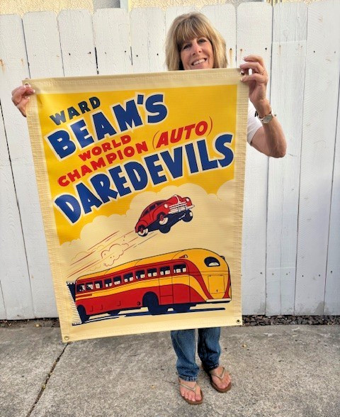 1930/40s Repro “Ward Beam’s Daredevils” Auto Thrill Show Banner. A Man Cave Rave