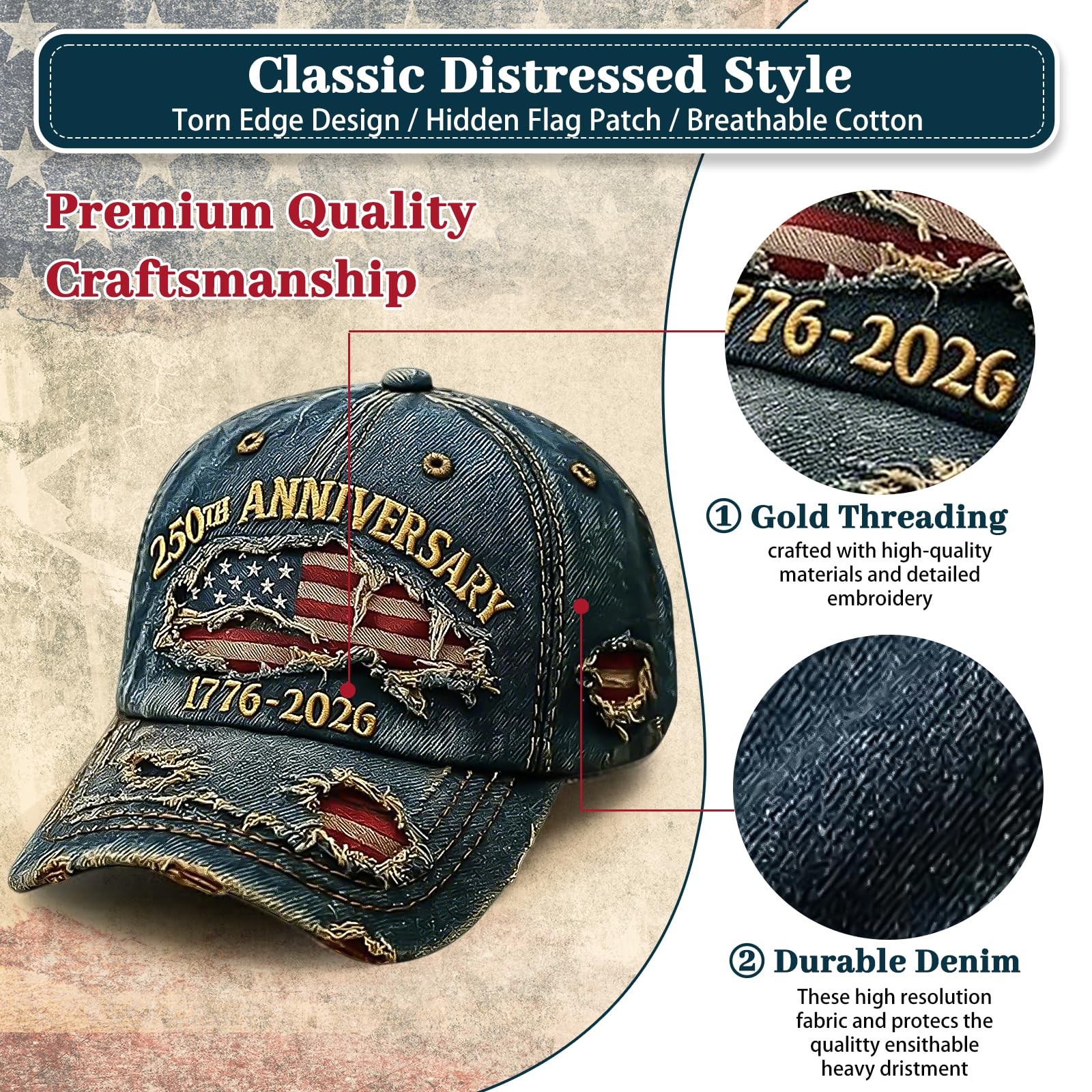 USA 250th Anniversary Distressed Casual Cap,250 Anniversary USA hat 1776-2026... gallery