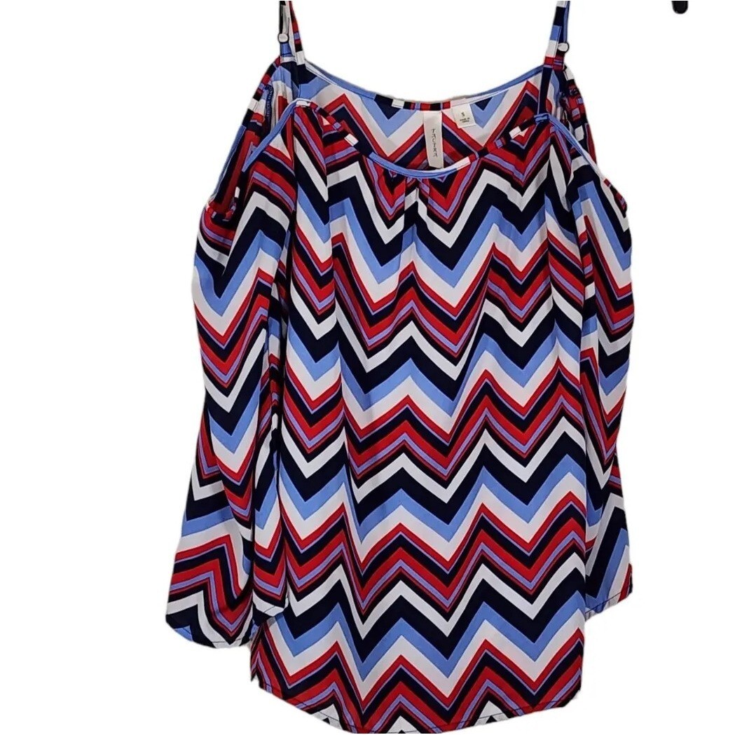 TACERA Open Shoulder With Strap Sleeves Women’s Chevron Style Shirt Size Small