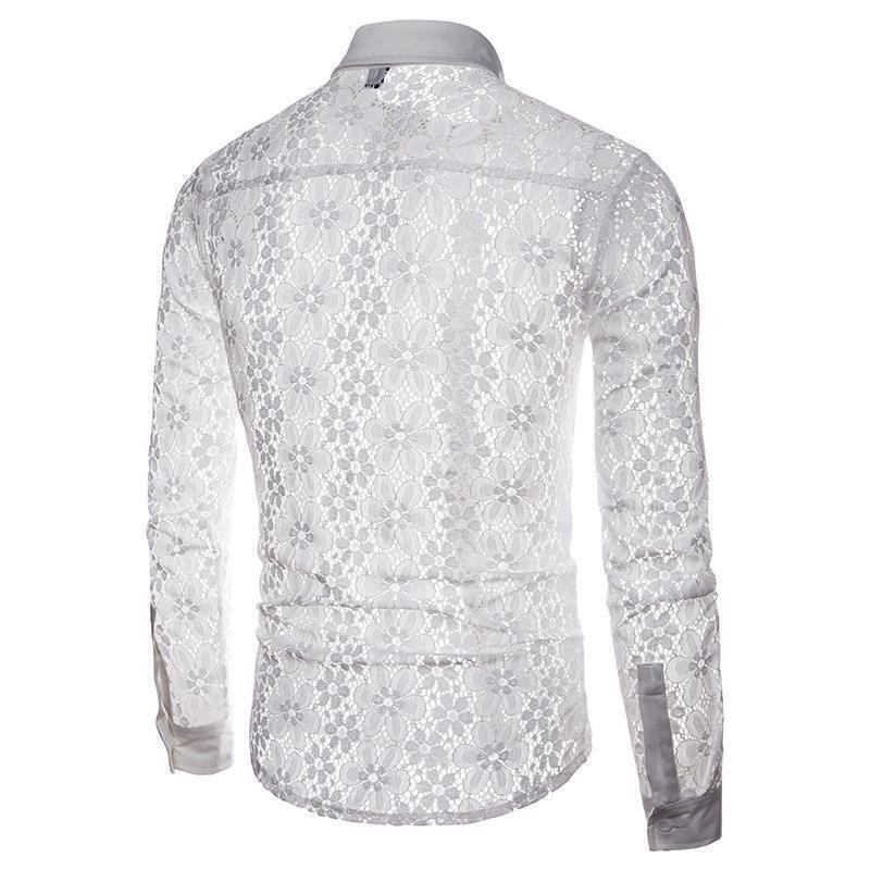 Men's Hollow Out Lace Shirt Nightclub Stage Party Long sleeved Shirts Dress Tops gallery