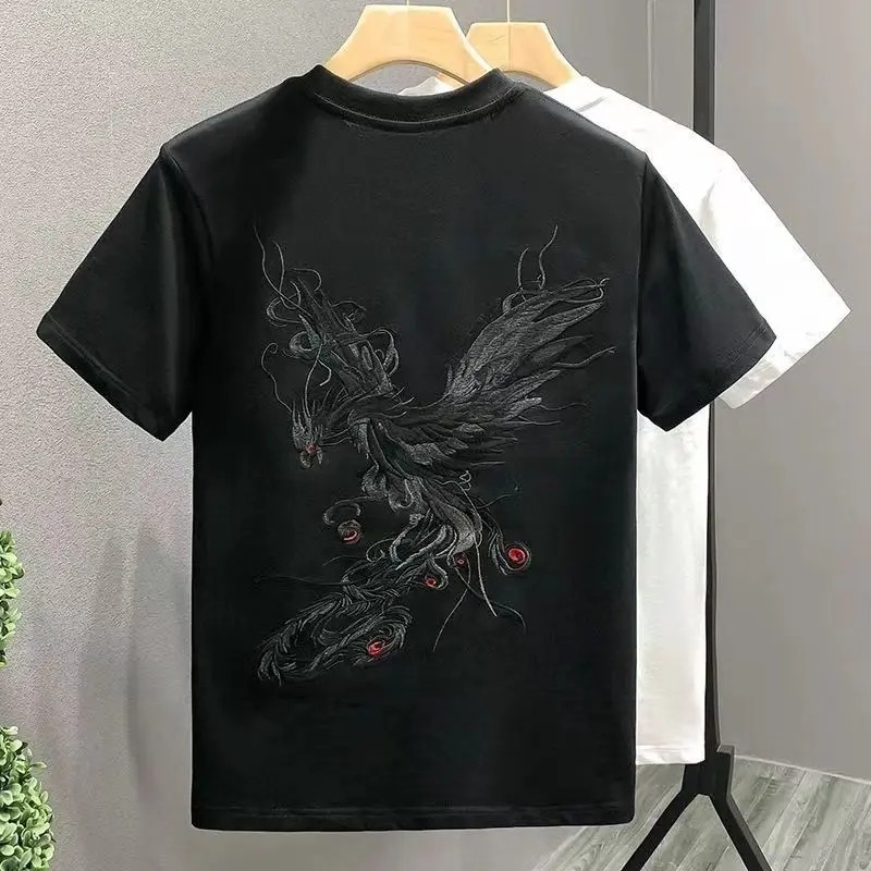 Men’s Phoenix Embroidery Short Sleeve T-Shirt Summer Breathable Casual Tee