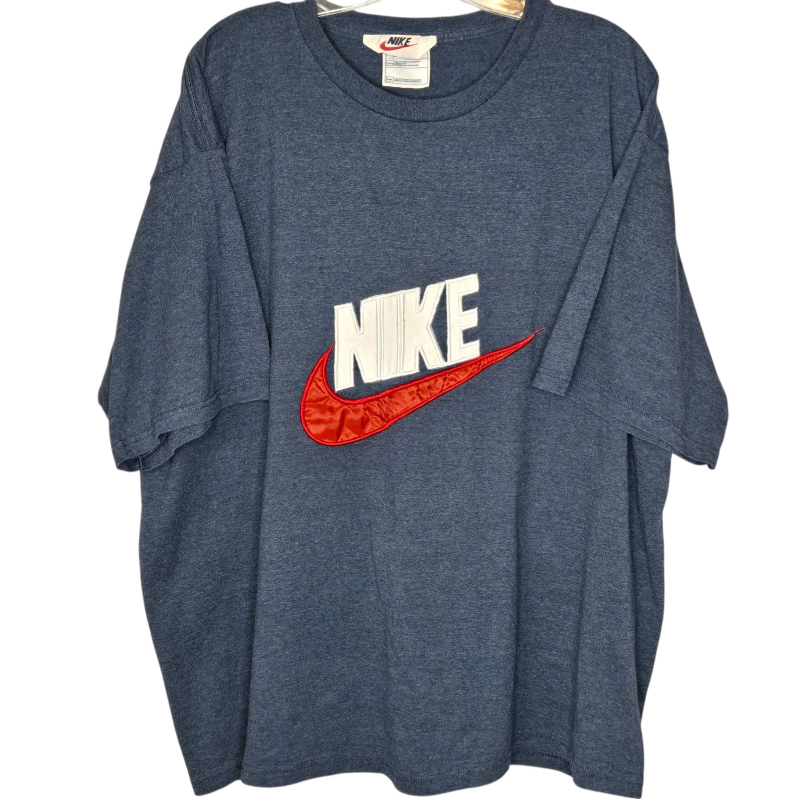 VTG 90s Nike Center Swoosh TShirt XXXL Blue Big Logo Satin Spellout White Tag 3X gallery