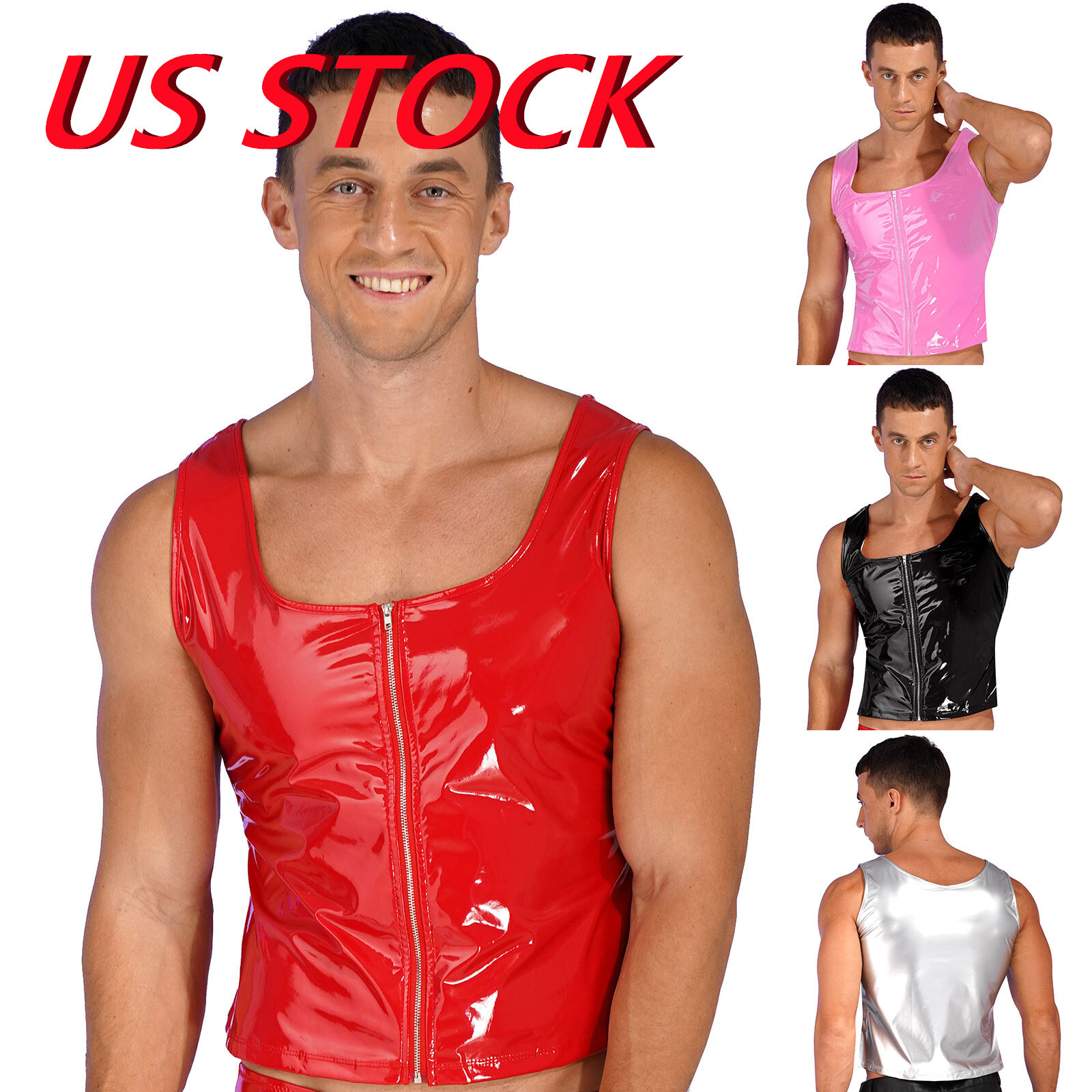 US Men WetLook PVC Leather Sleeveless Vest Shirt Zipper Tank Top Jacket Clubwear gallery