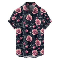 Mens Button Down Dark Red Rose Floral Print Hawaiian Top Novelty Summer Shirt