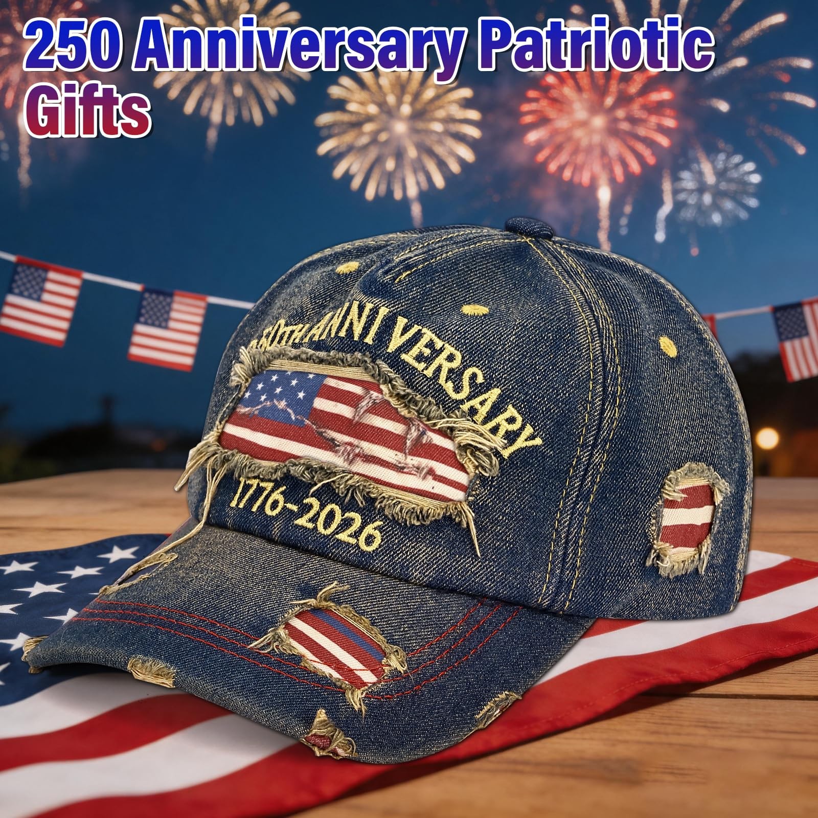 250 Anniversary USA Hat 17762026, Distressed Denim Embroidered Flag Patriotic... gallery