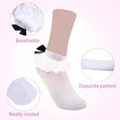 Womens White Ruffle Socks with Bow Ankle Lace Trim Frilly Socks Summer