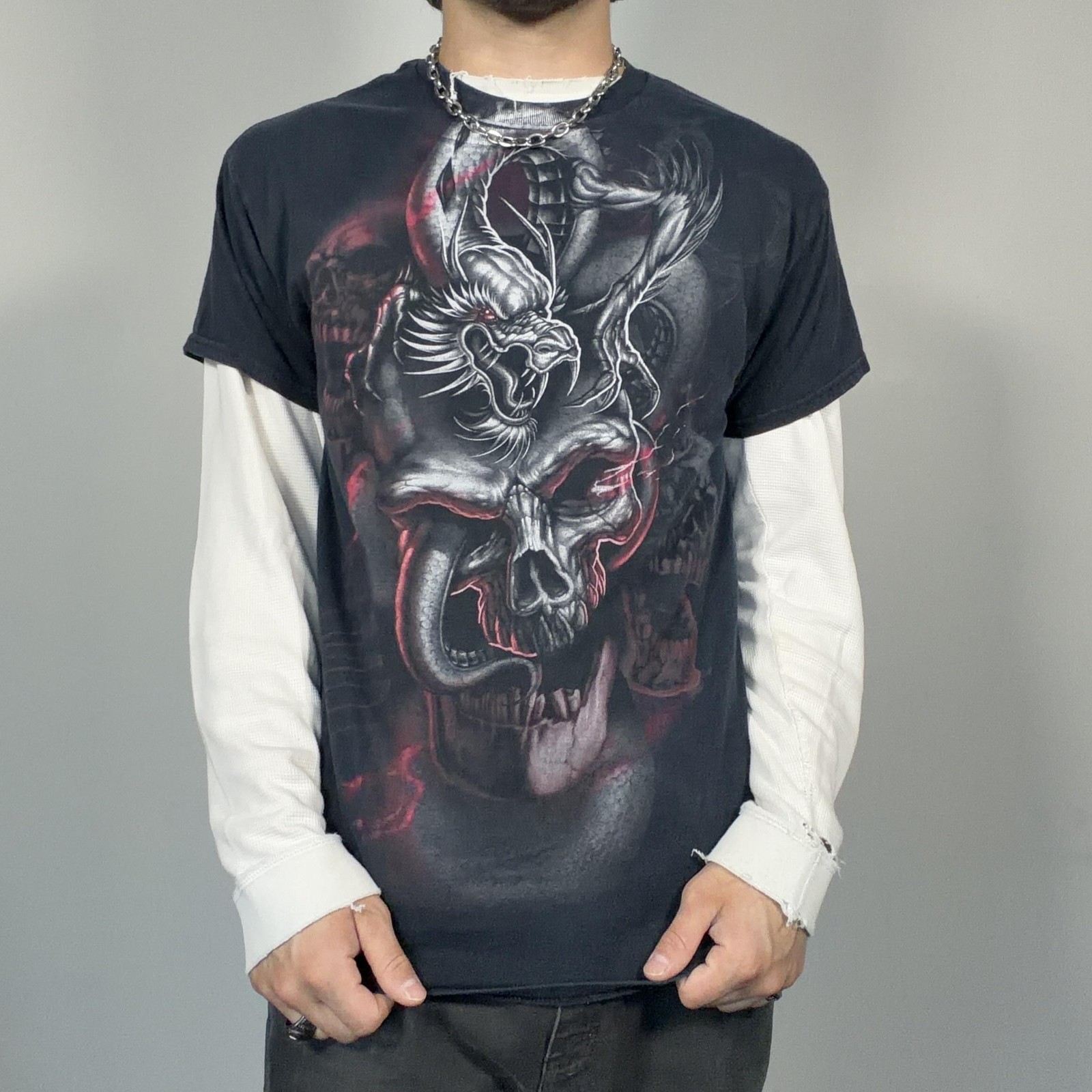 Y2K Grunge Skater Shirt Gothic Dragon Skull Large Black Horror Graphic Tee