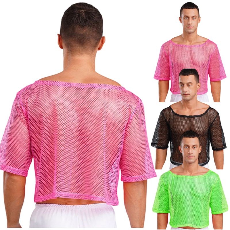 Mens T-shirt Mesh Crop Tops See-Through Tee Vintage Short Sleeve Dance Sexy 80s gallery