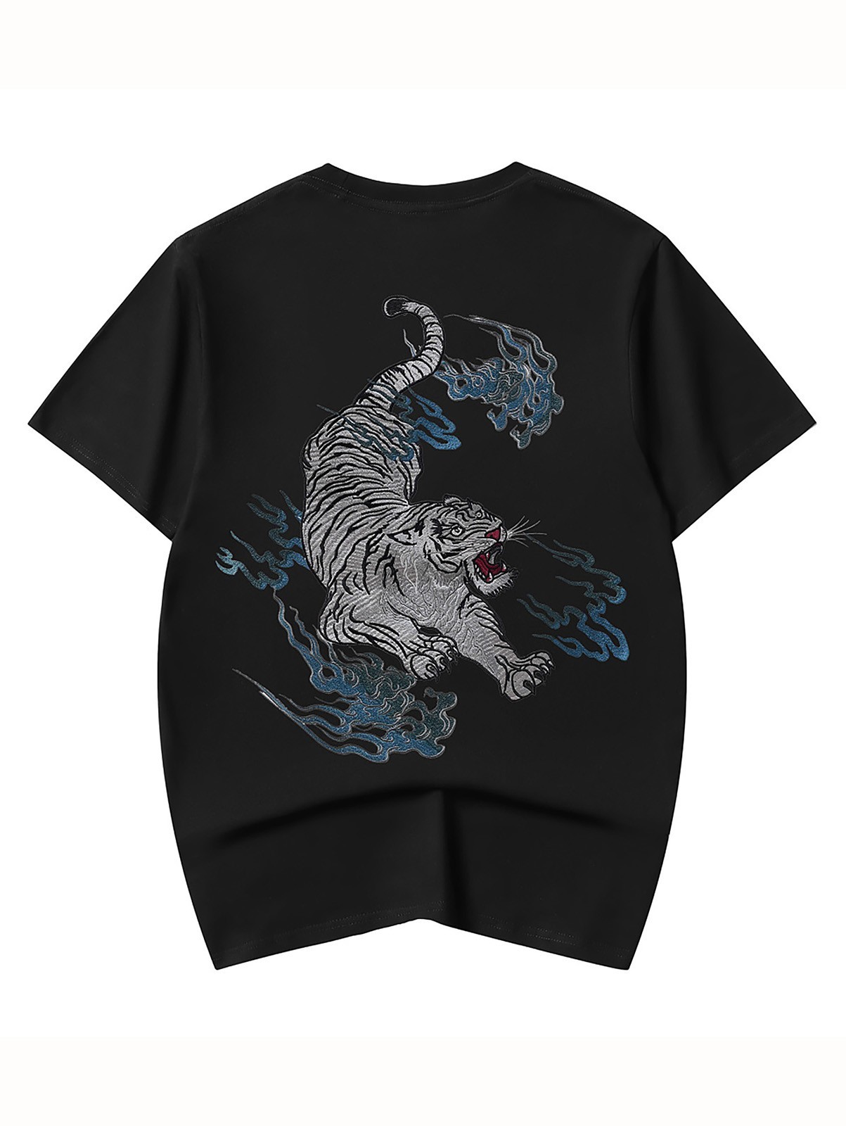 Niepce Men's White Tiger with Blue Flames Embroidery Japanese Streetwear Tee gallery